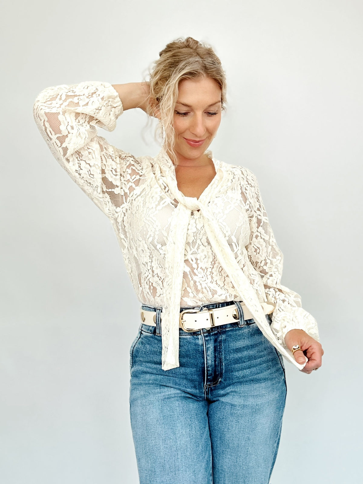 Juliet Sheer Lace Tie Neck Blouse Ivory