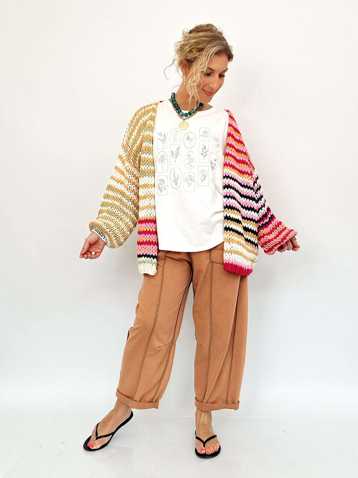 Kim Multi Stripe Chunky Knit Cardigan Cream