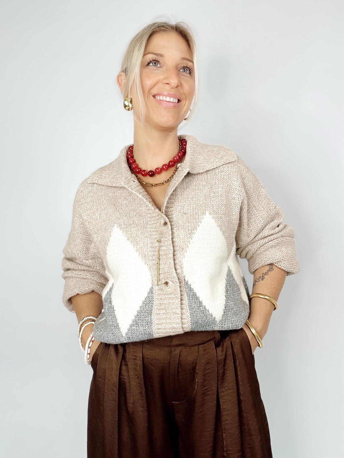 Callie Argyle Knit Cardigan Sand
