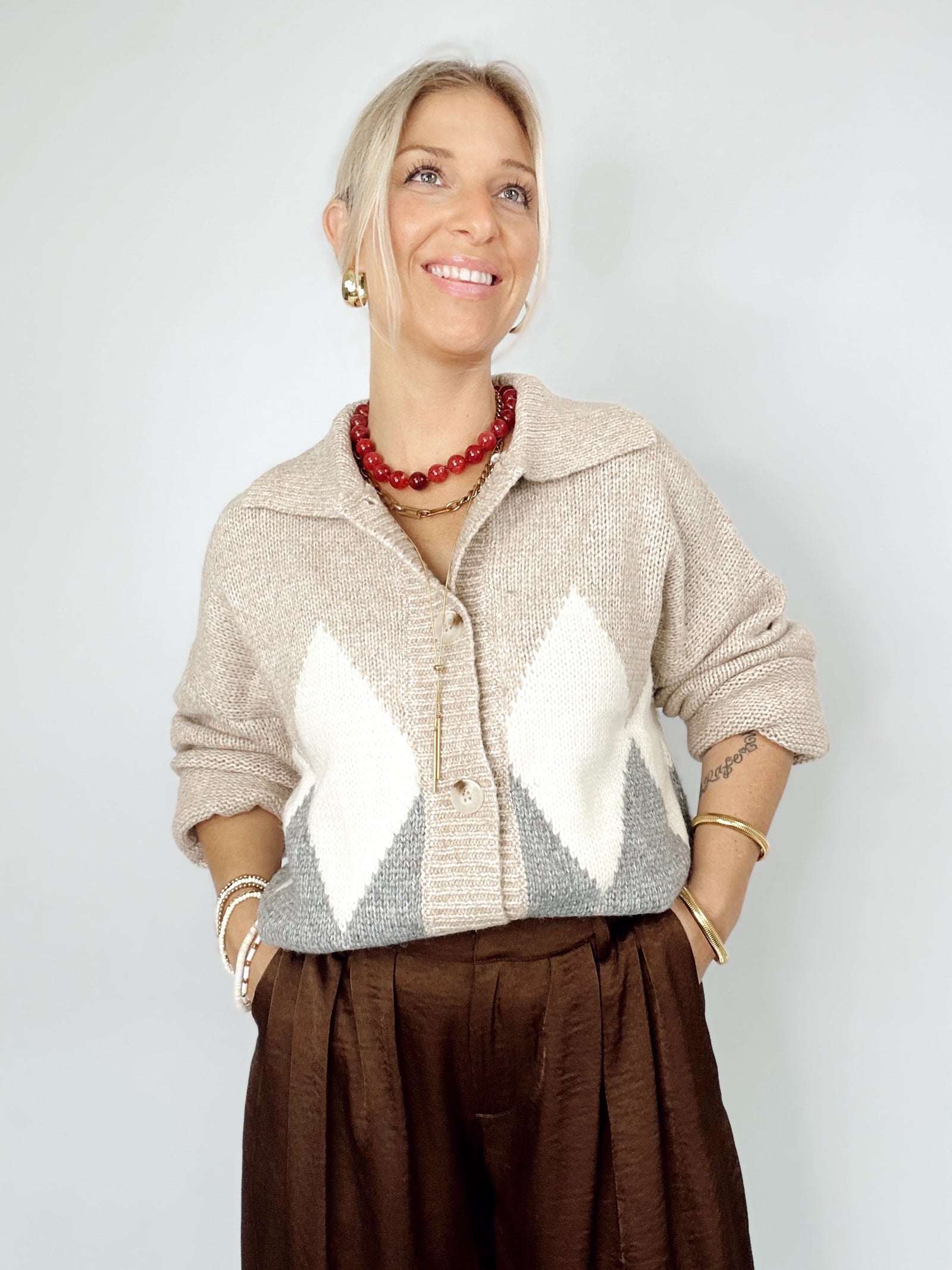Callie Argyle Knit Cardigan Sand