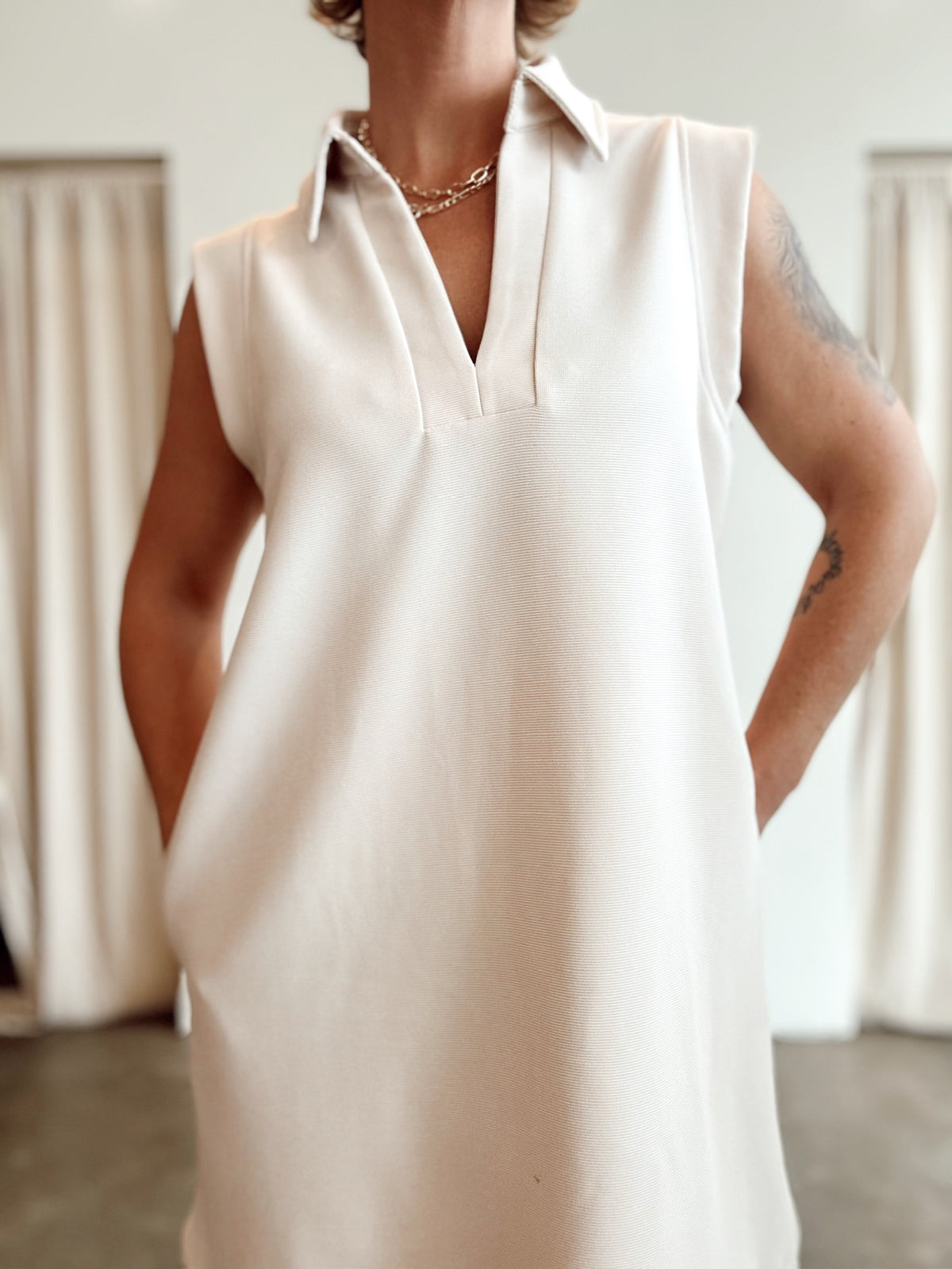 Adley Sleeveless V- Neck Mini Dress Ecru