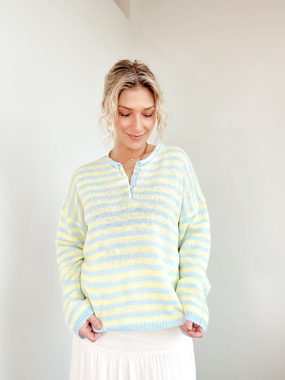 Rue Stripe Half Button Sweater Blue/Yellow