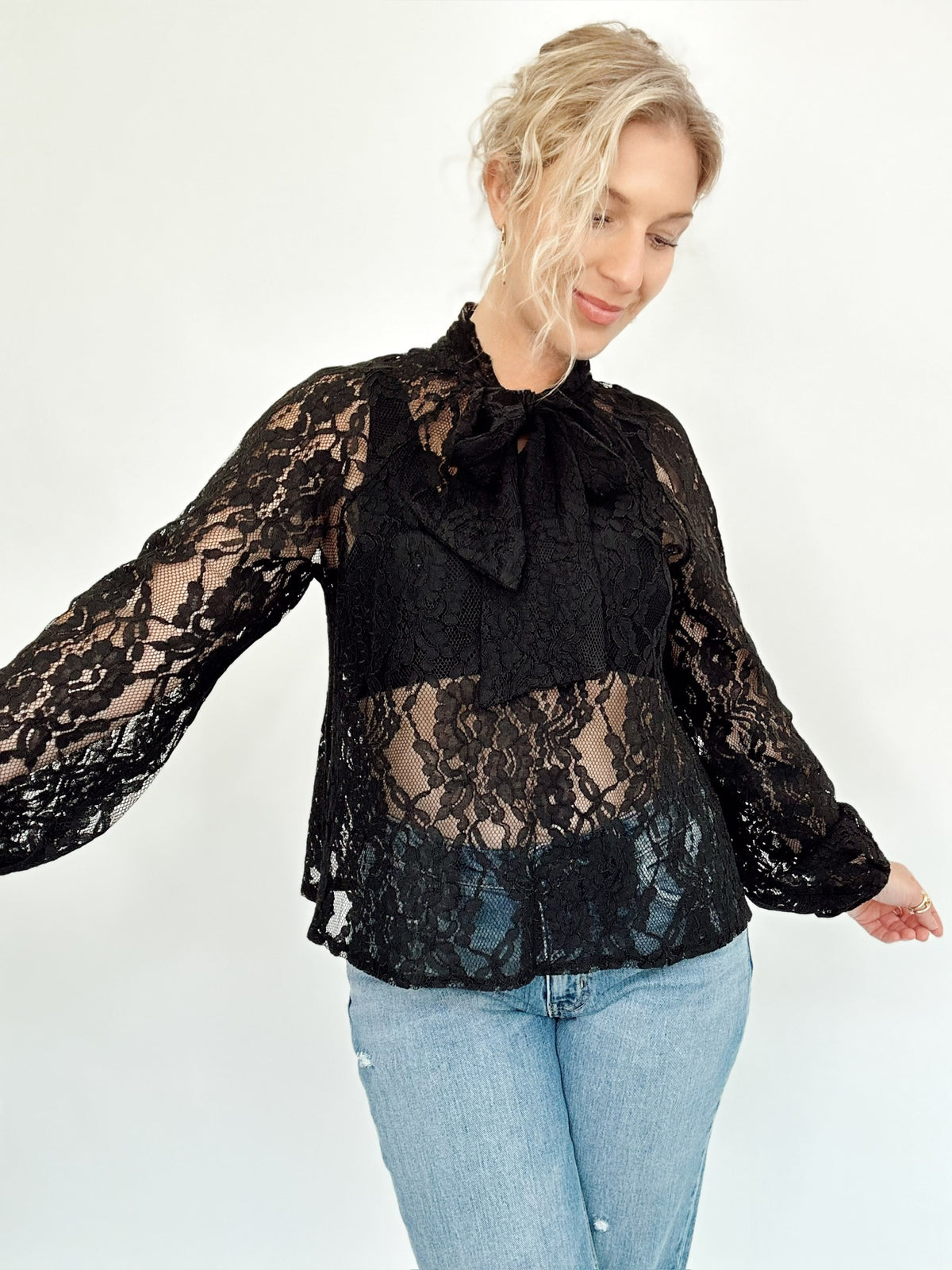 Juliet Sheer Lace Tie Neck Blouse Black