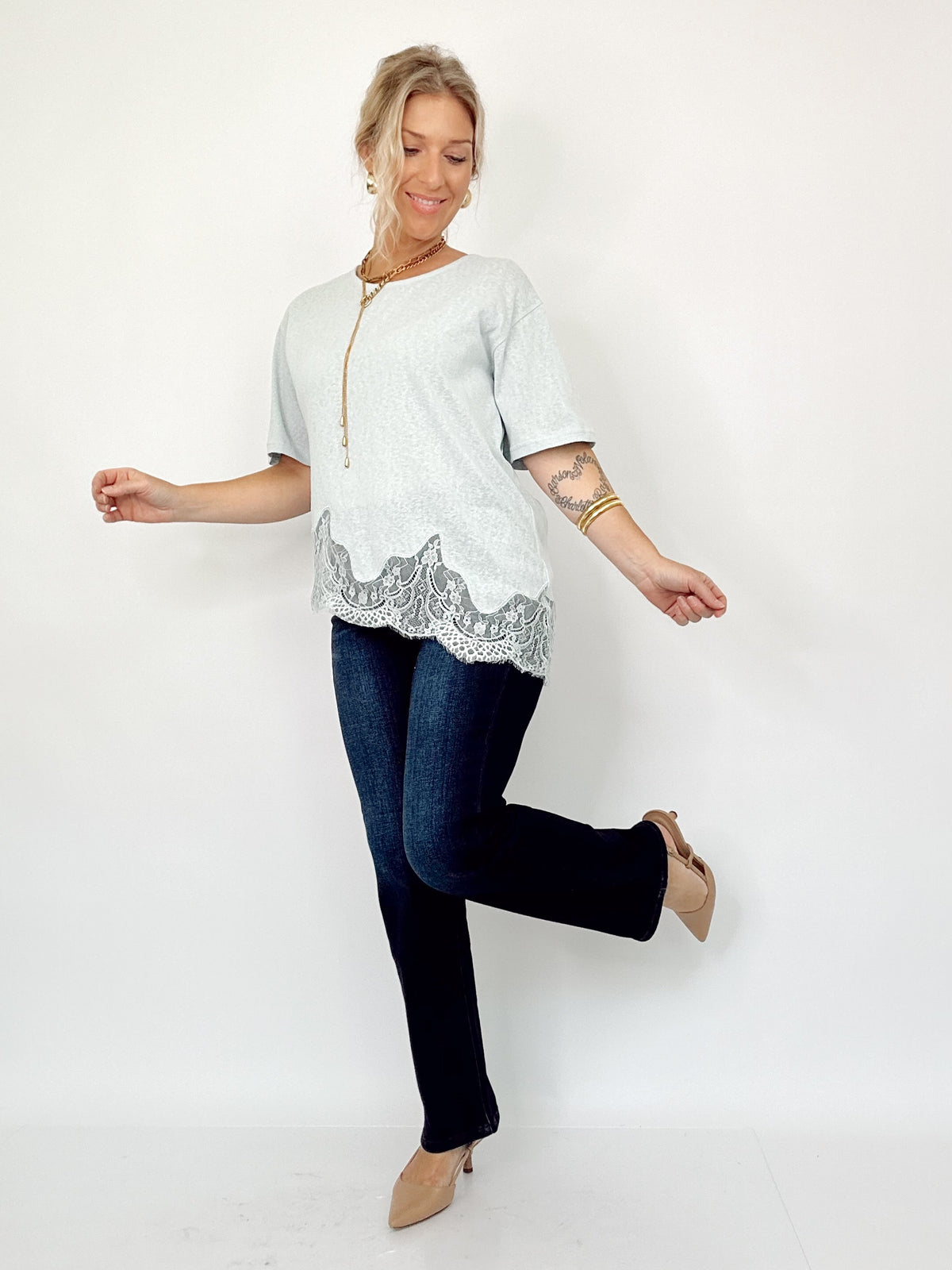 Kara Slub Knit Lace Hem Tee Lt. Blue