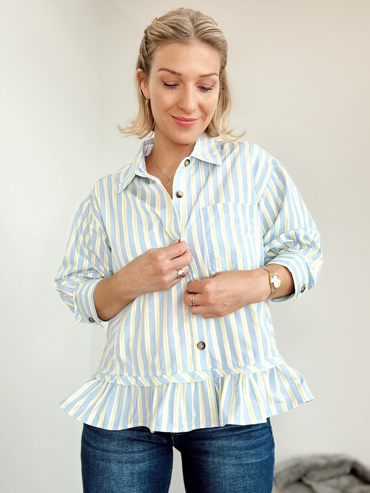 Lisa Striped Button Down Peplum Top
