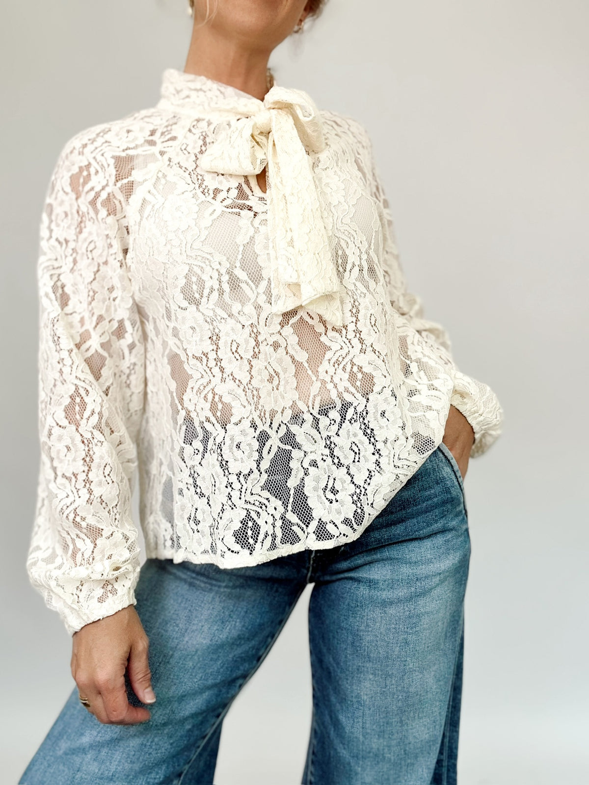 Juliet Sheer Lace Tie Neck Blouse Ivory