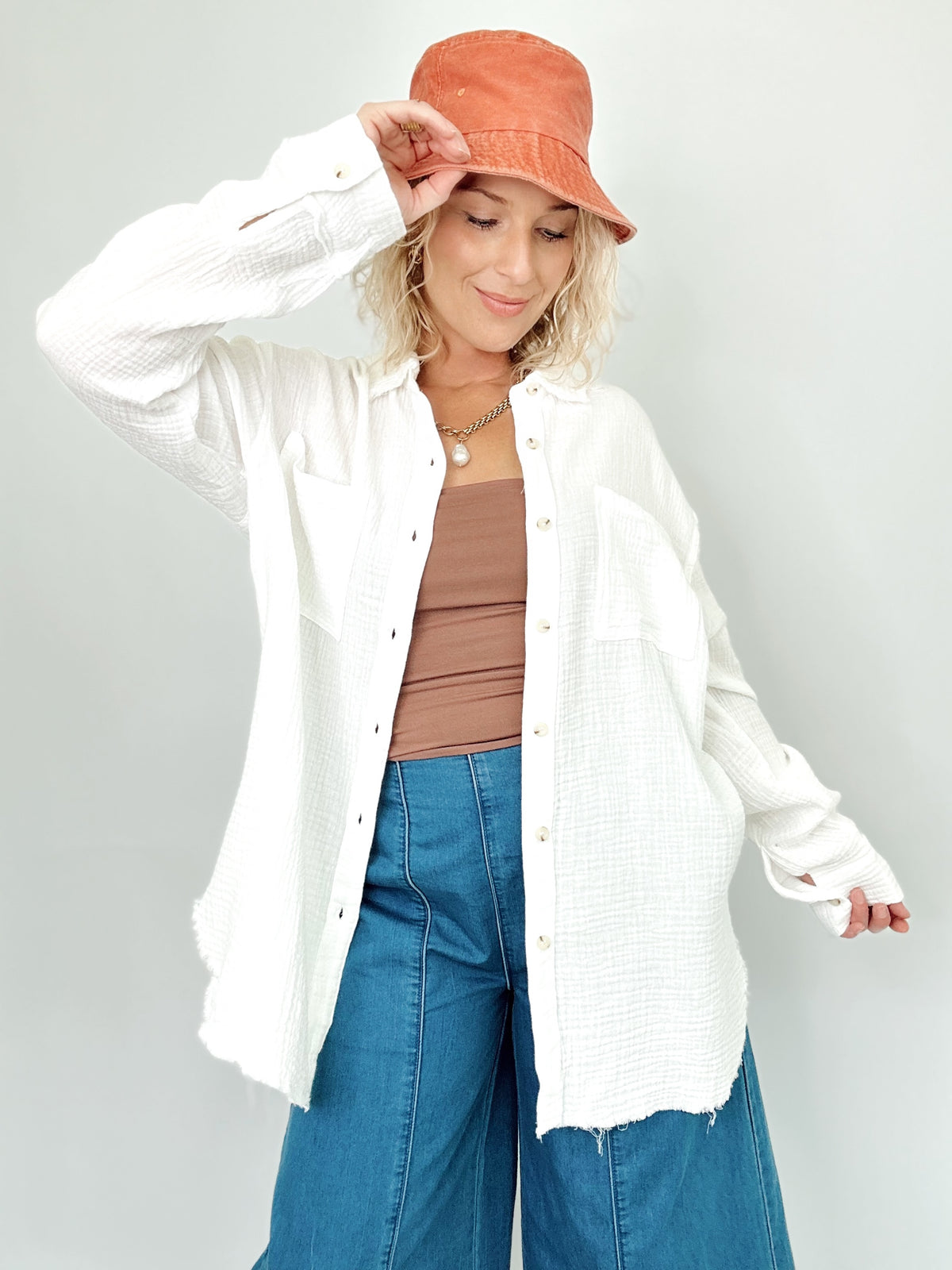 Natalie Gauze Button Down Shirt White