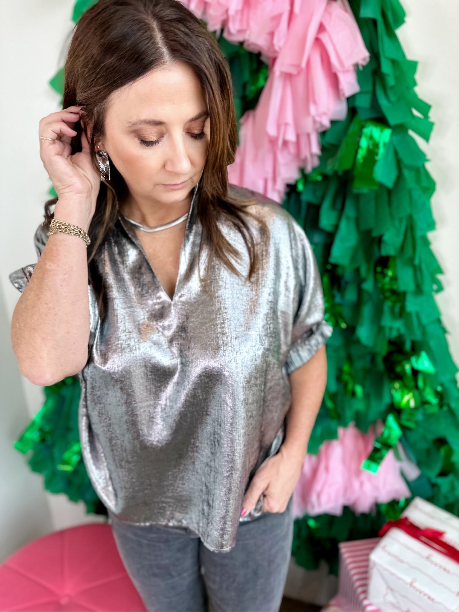 Eden Metallic Blouse Charcoal