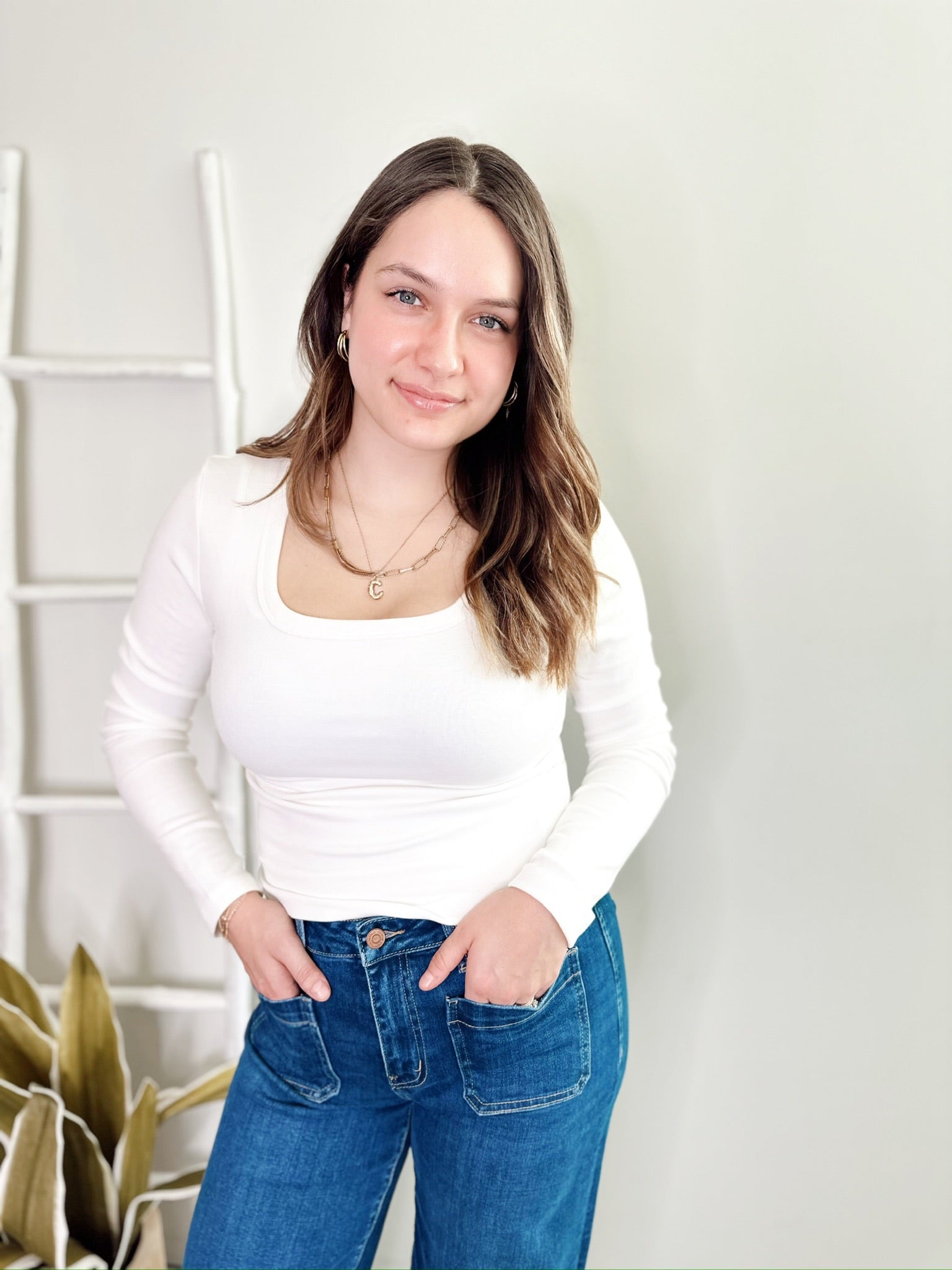 Kate Square Neck Long Sleeve Tee, White