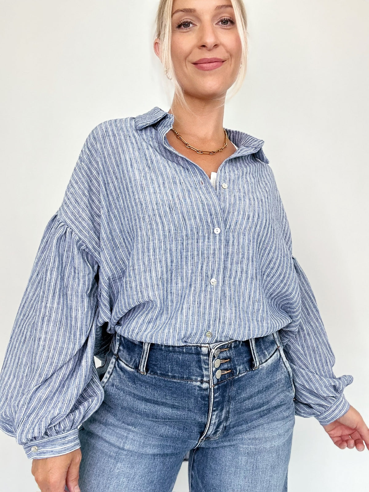 Macie Balloon Sleeve Stripe Shirt Blue
