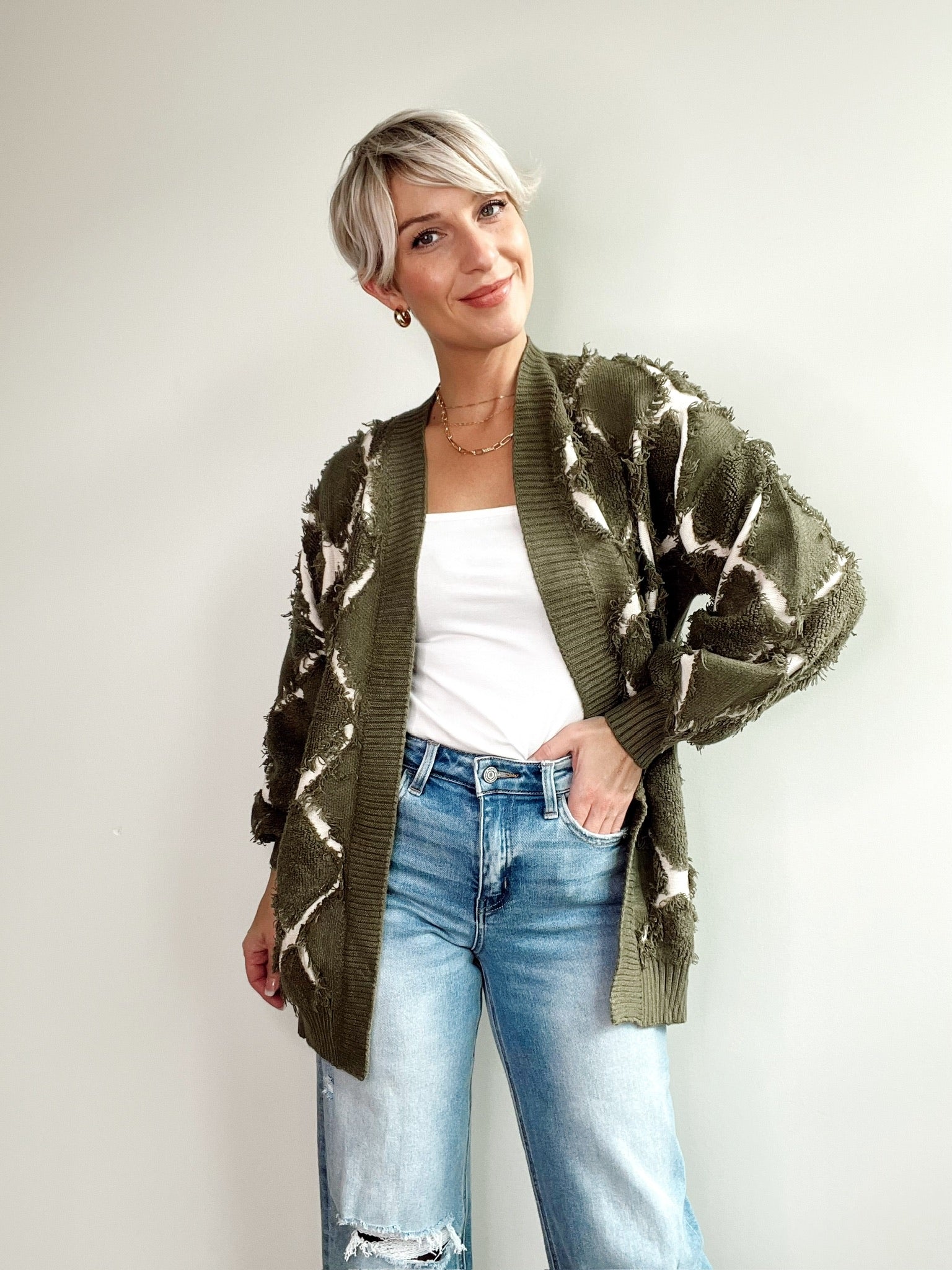 Stacey Textured Knit Pattern Cardigan Olive