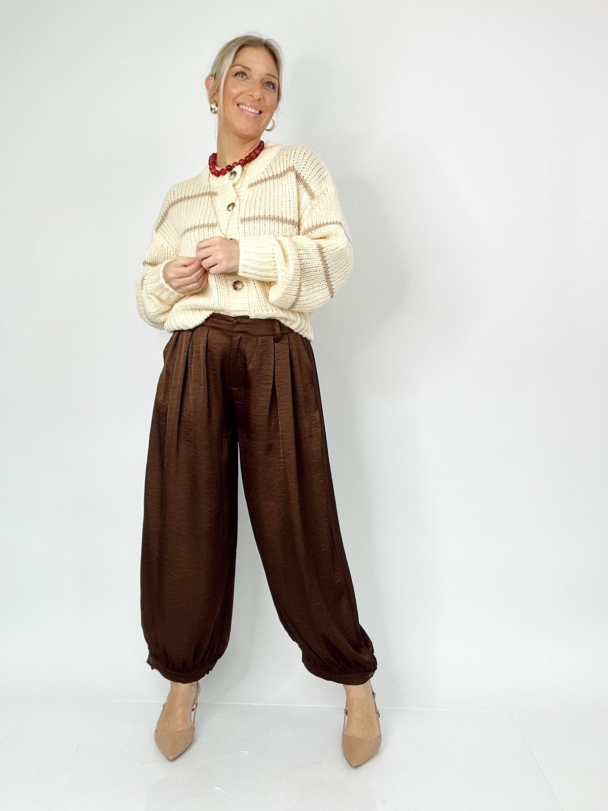 Della Satin Shirring Baggy Dress Pants Brown