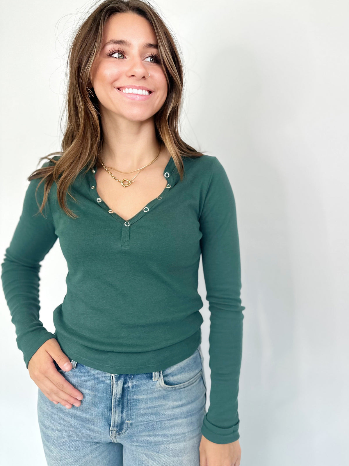 Ivy Long Sleeve Henley Top Dark Green