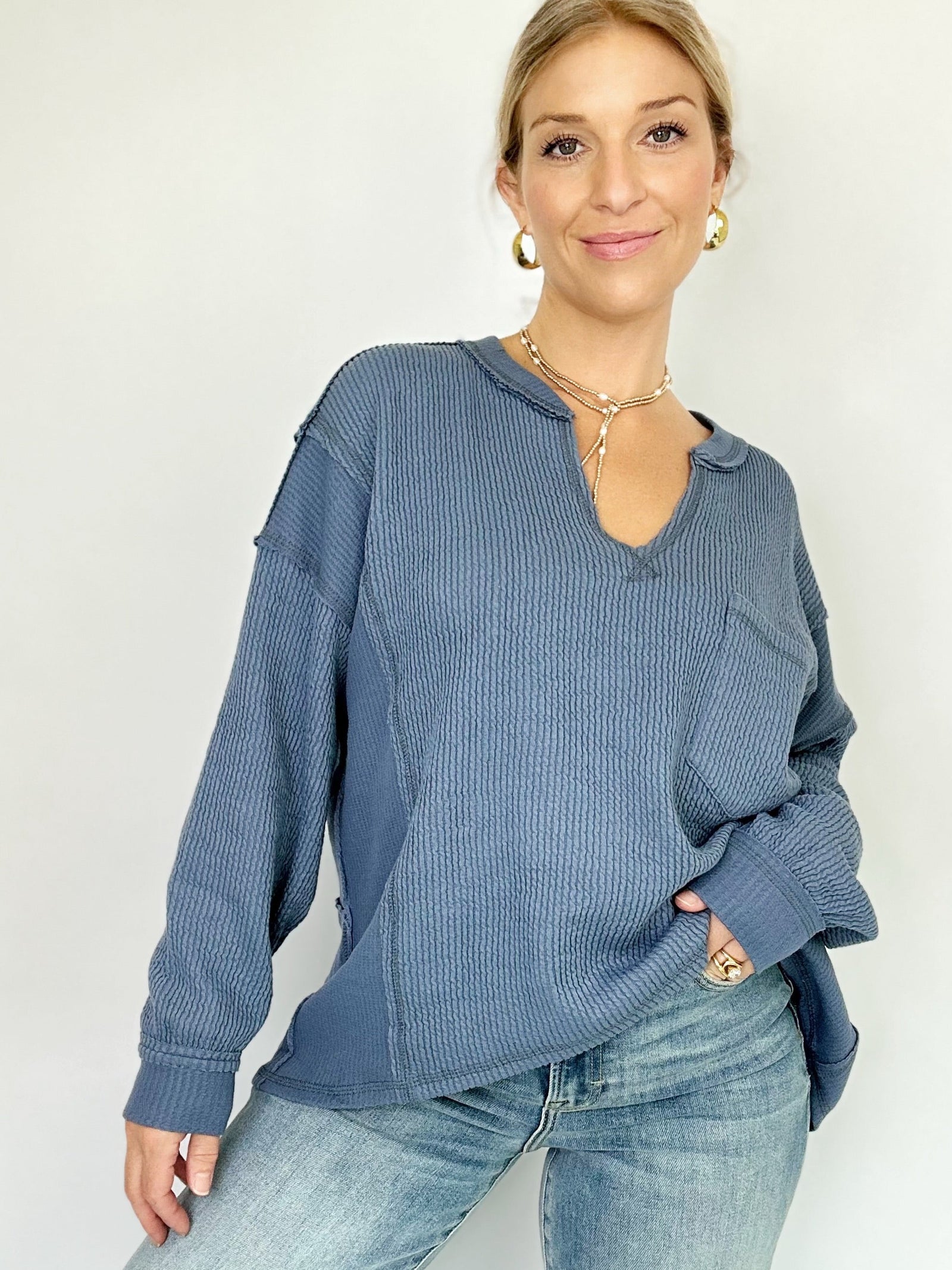 Ramona Split Neck Ribbed Top