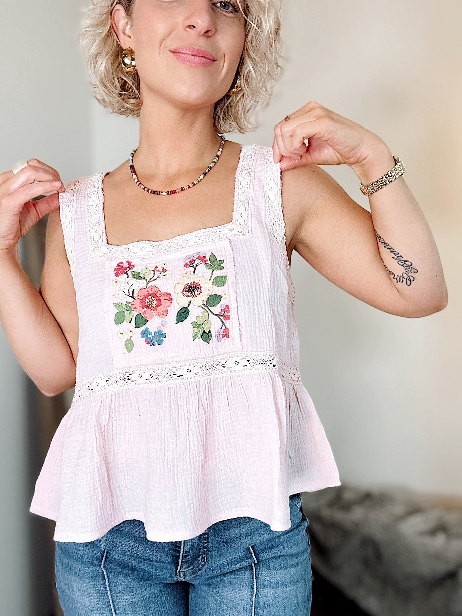 Hillary Floral Square Neck Tank Baby Pink