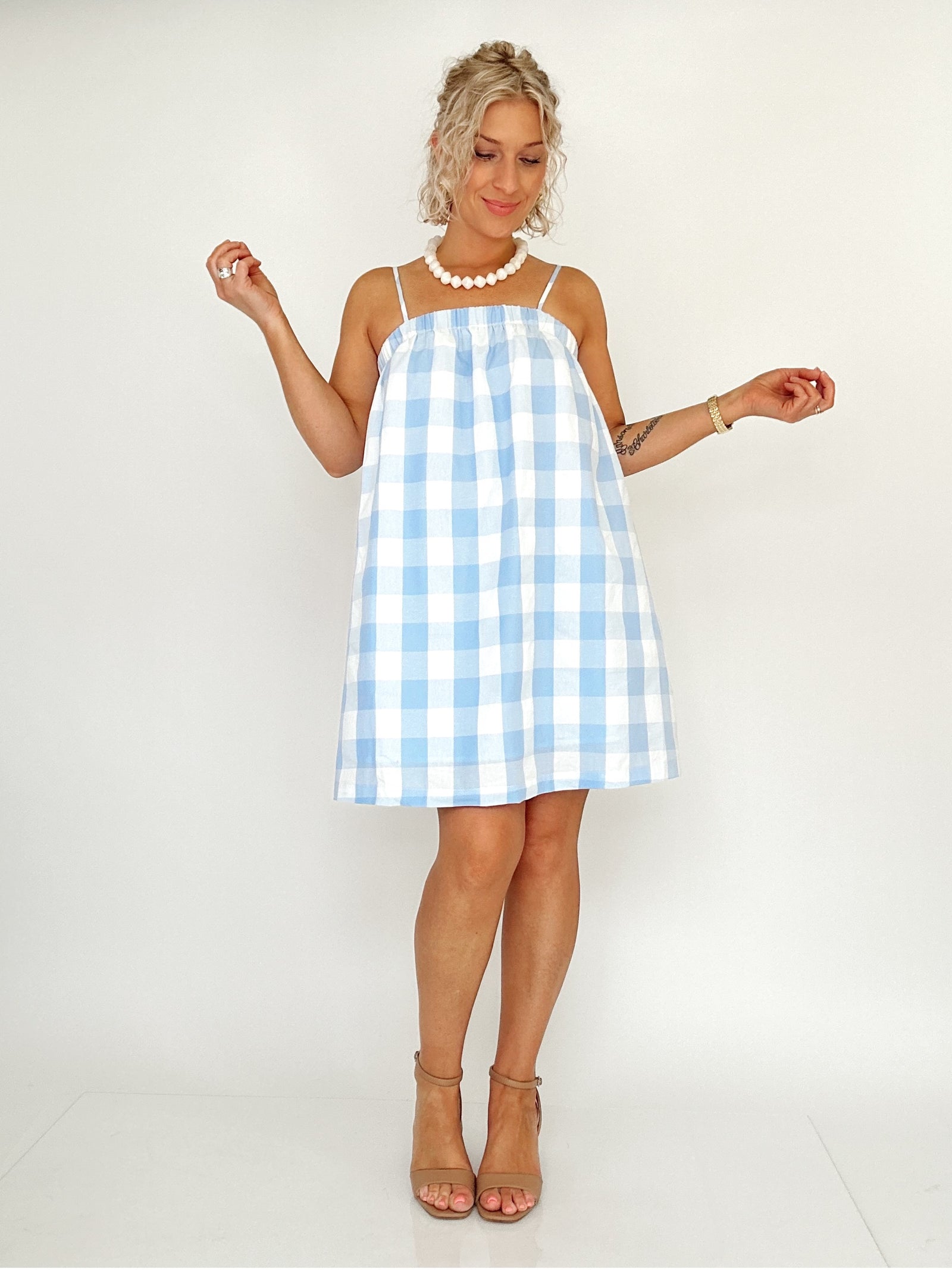 Casey Plaid Mini Dress Sky/White