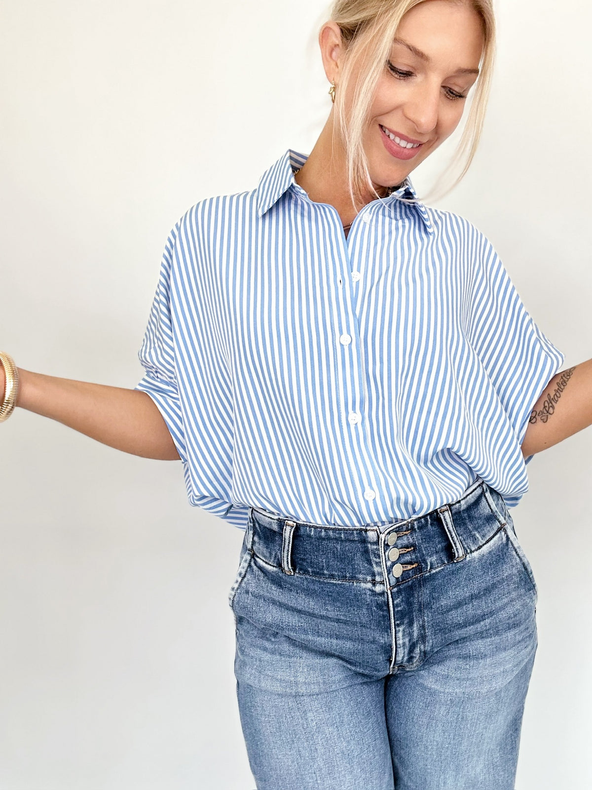 Ellen Button Down Stripe Shirt Blue