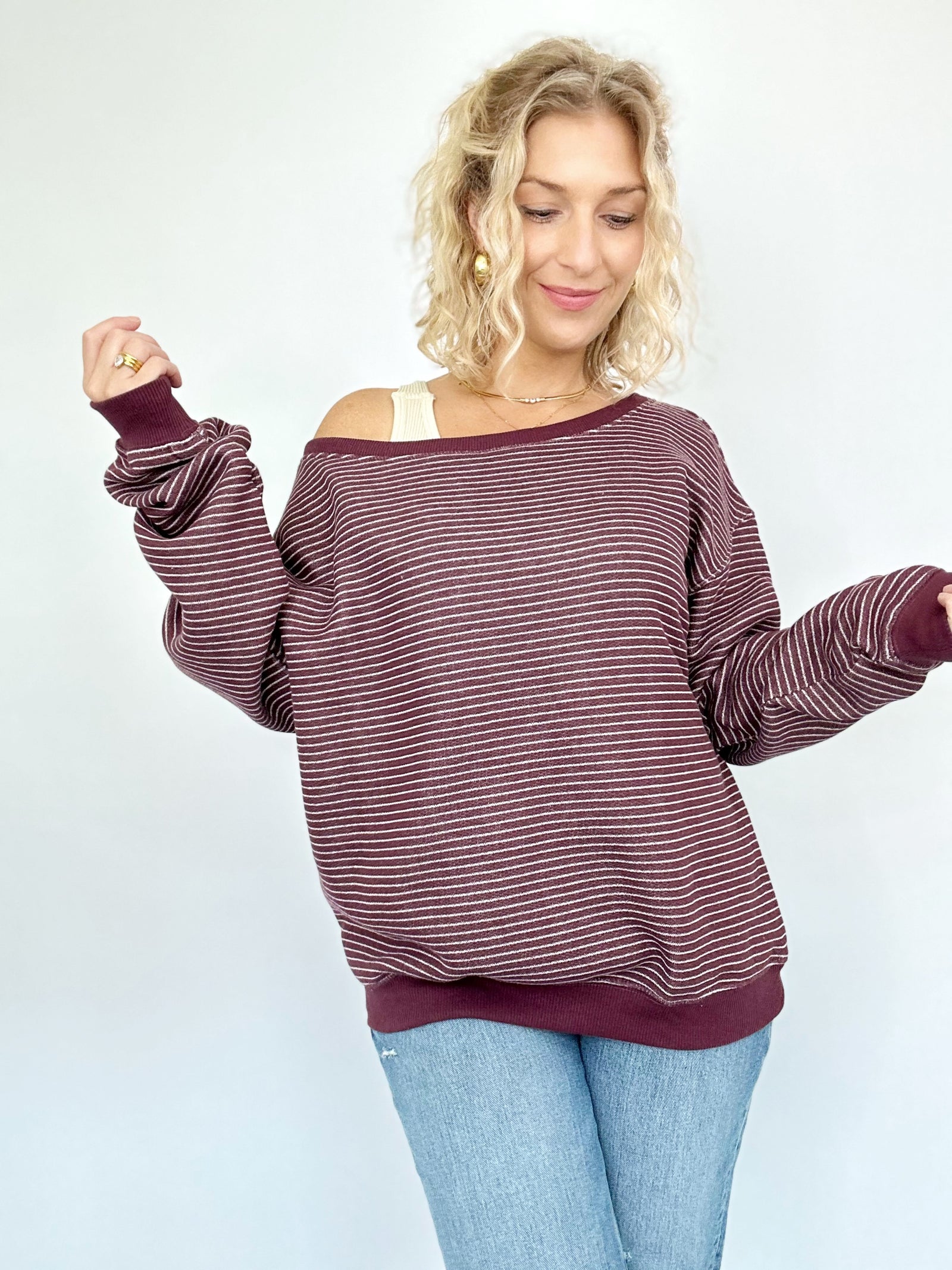 Jolene Striped Off The Shoulder Sweatshirt