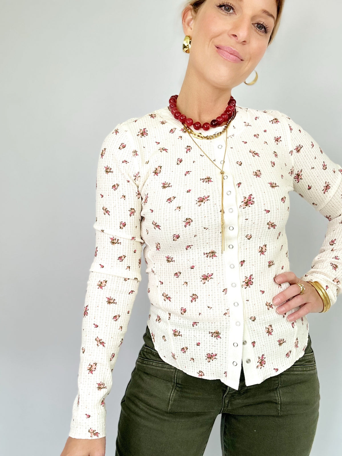 Ruth Floral Snap Front Waffle Top