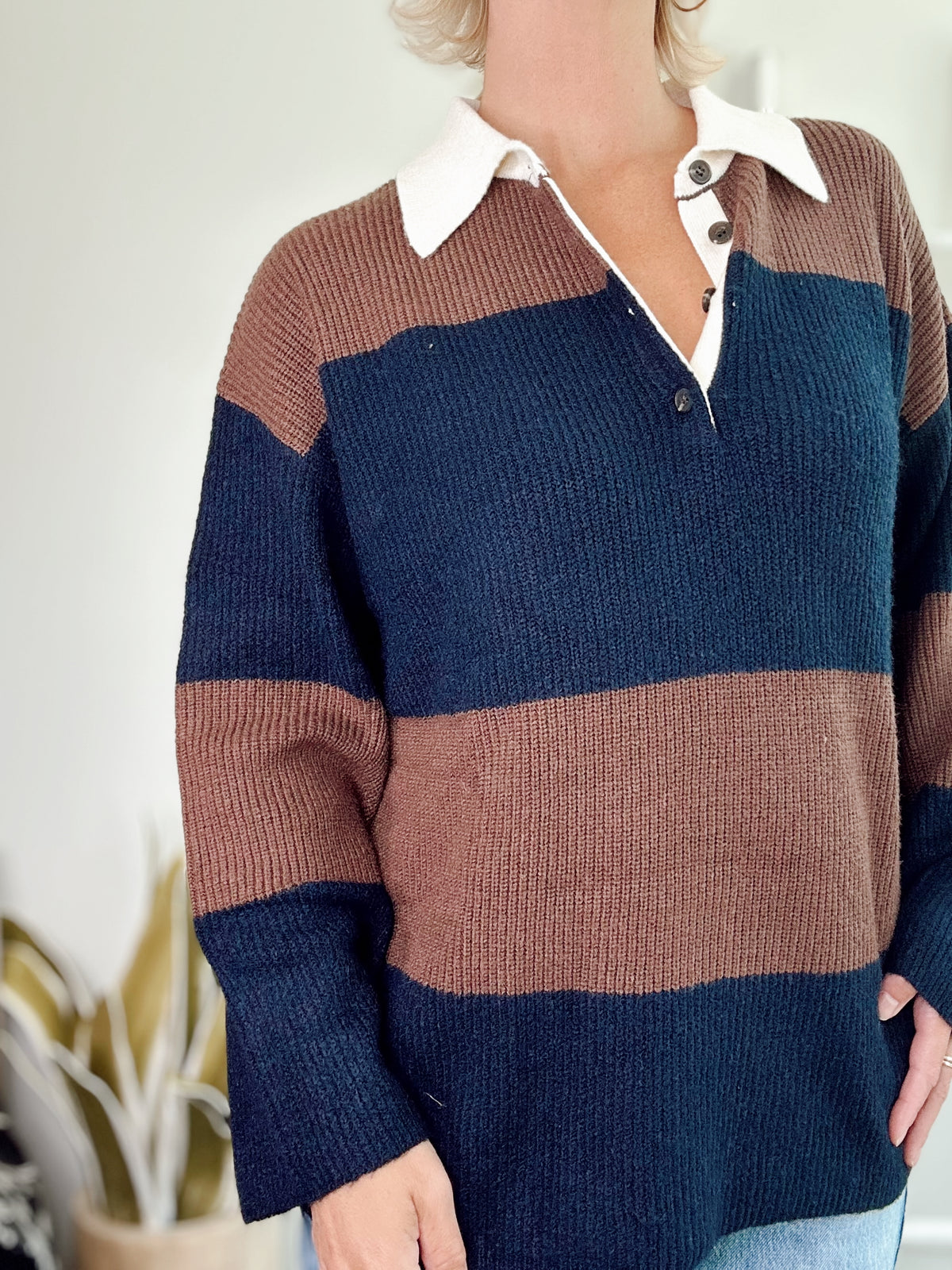 Maddy Wide Stripe Polo Sweater Navy