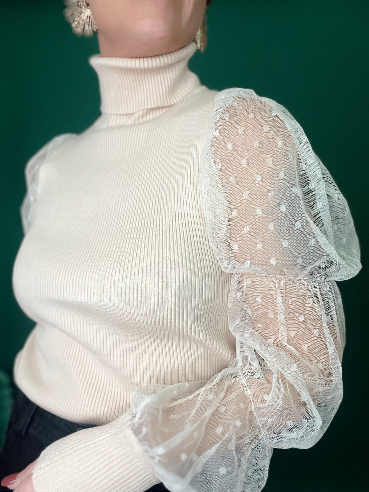 Essie Sheer Polka Dot Sleeve Turtle Neck Top