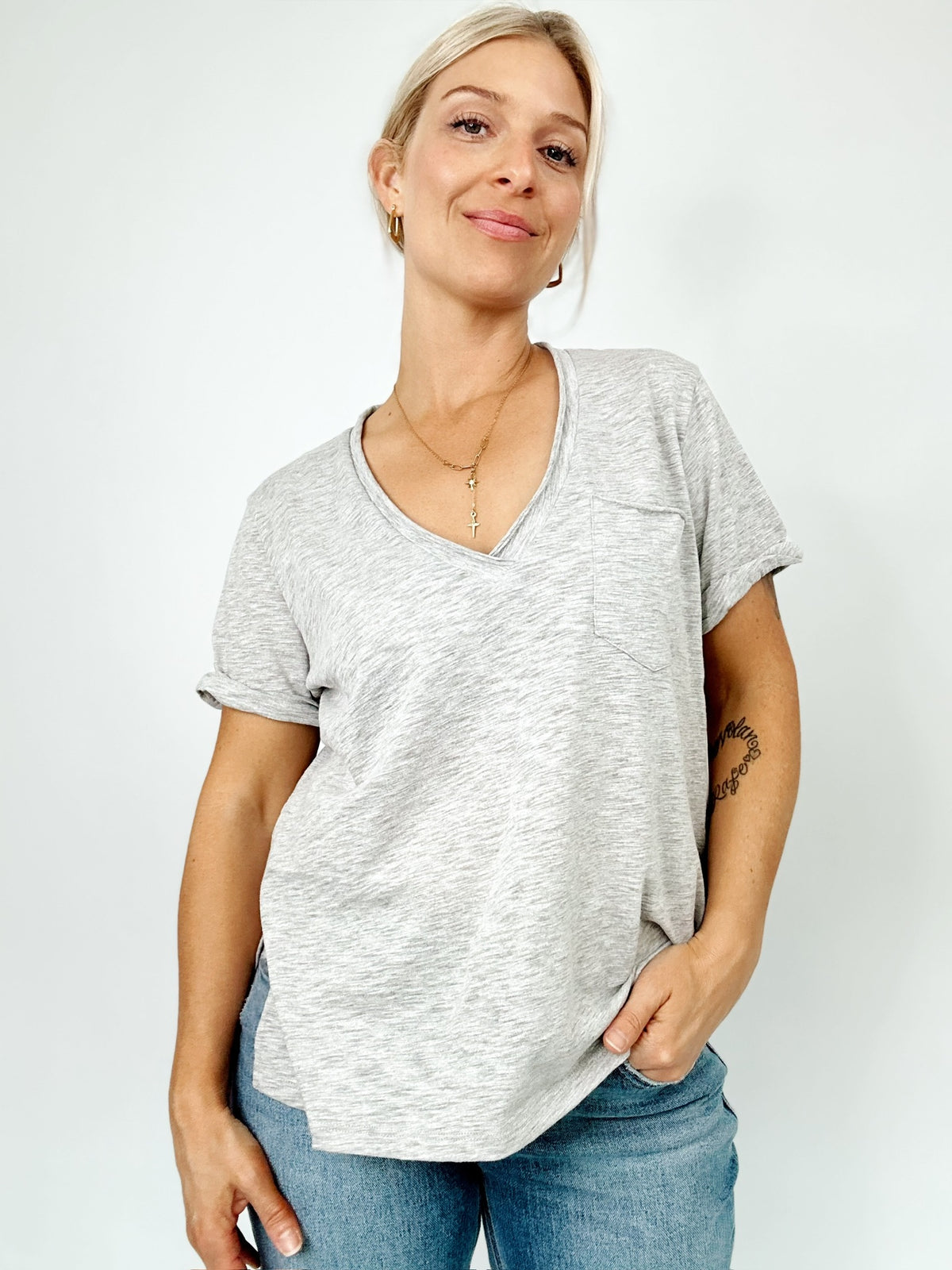 Sydney V-neck Short Sleeve Top Heather Gray