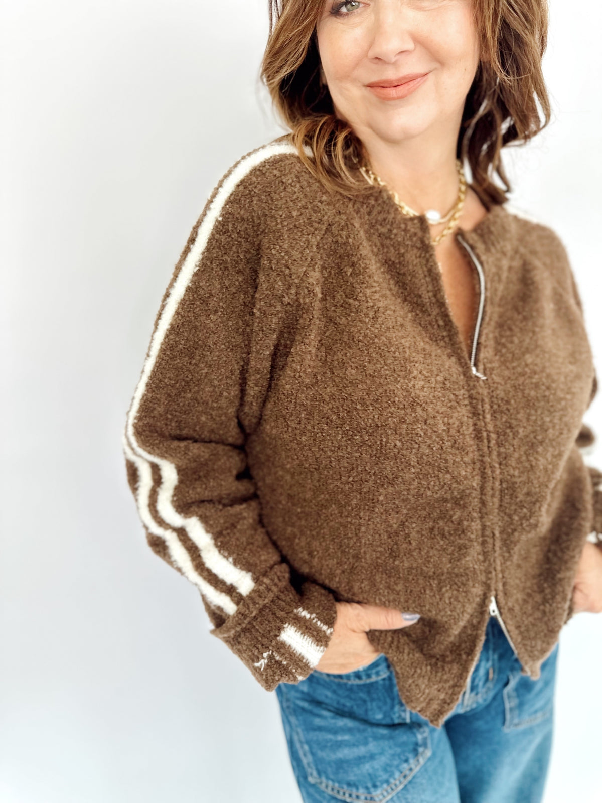 Reba Knit Sweater Zip-up Jacket Brown