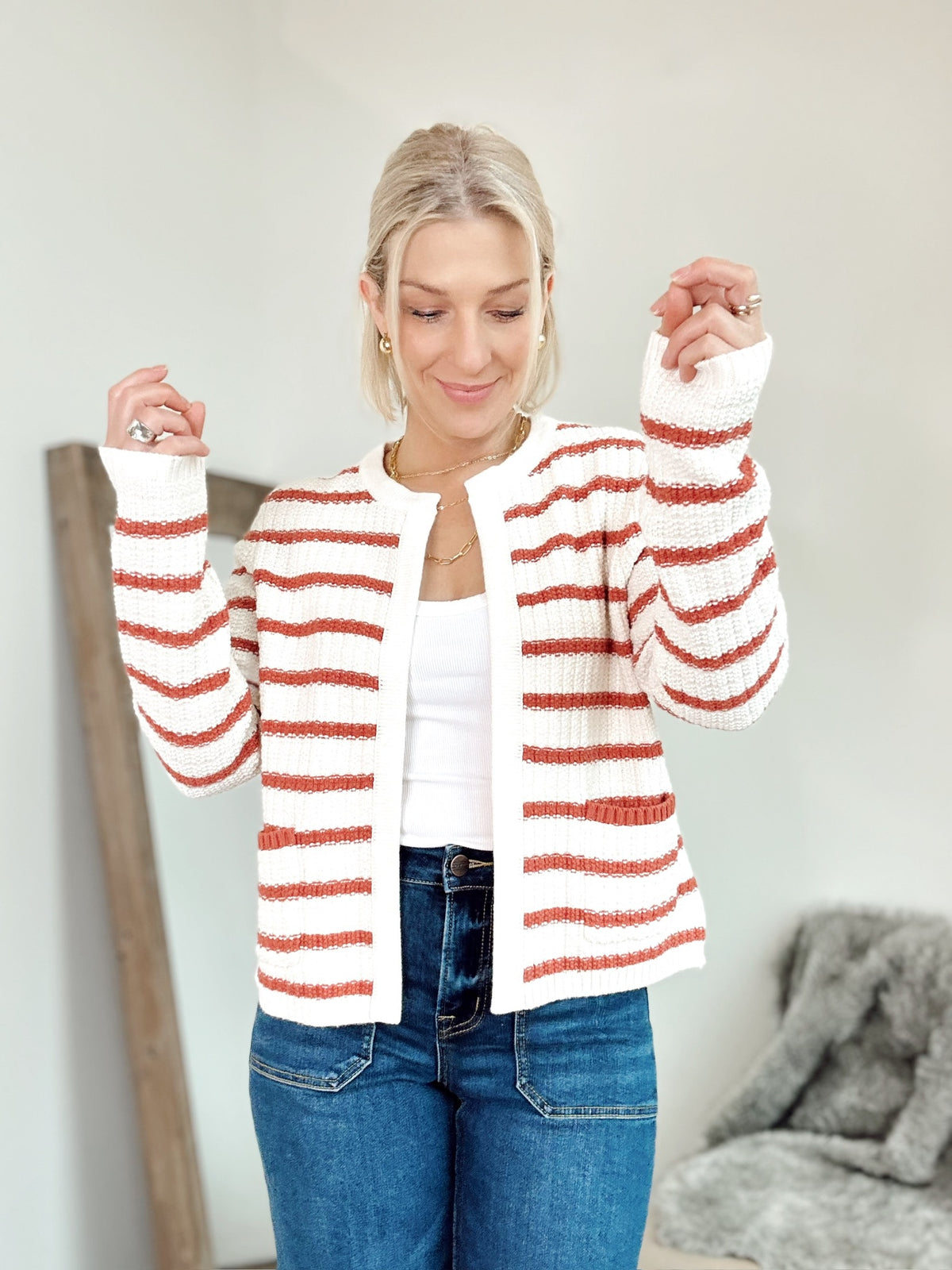 Tara Stripe Open Cardigan Poppy