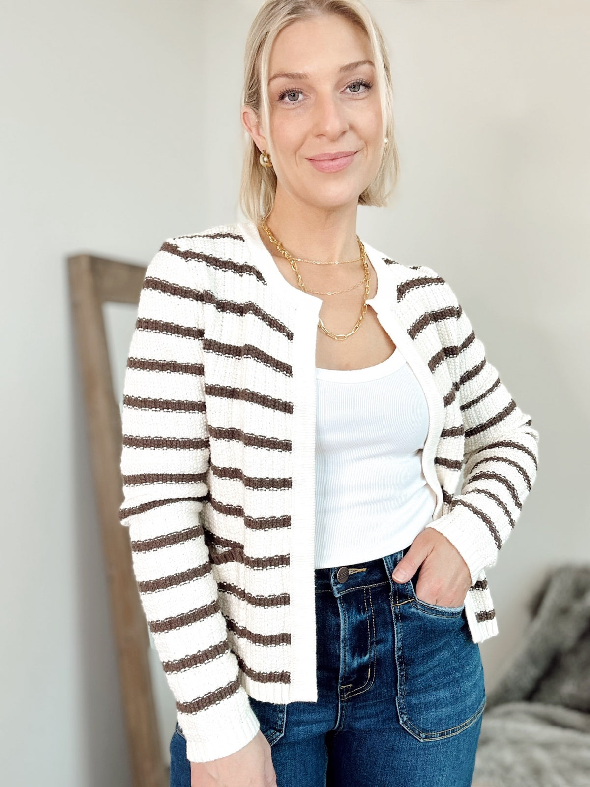 Tara Stripe Open Cardigan Brown