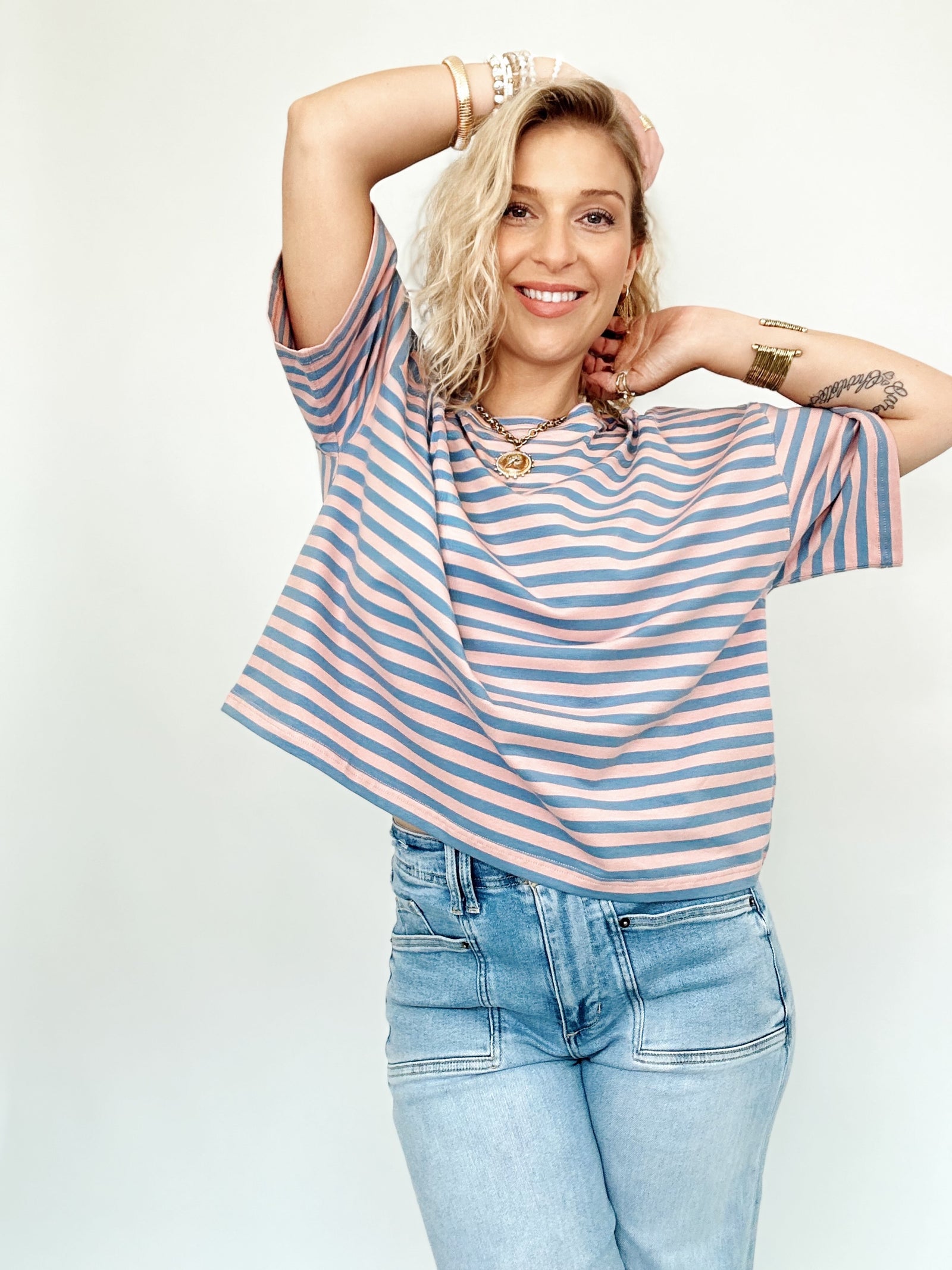 Vivian Stripe Oversized Boyfriend Tee Rose