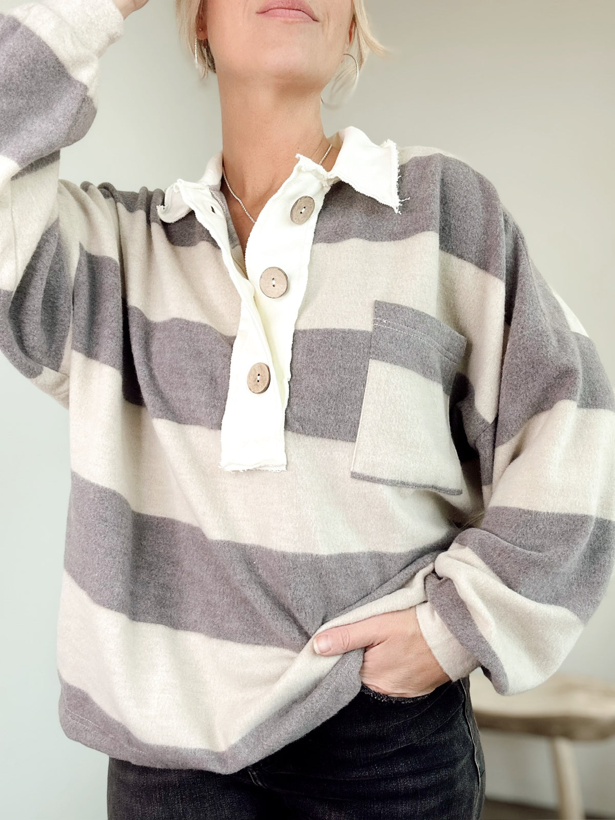 Cora Stripe Knit Top Charcoal