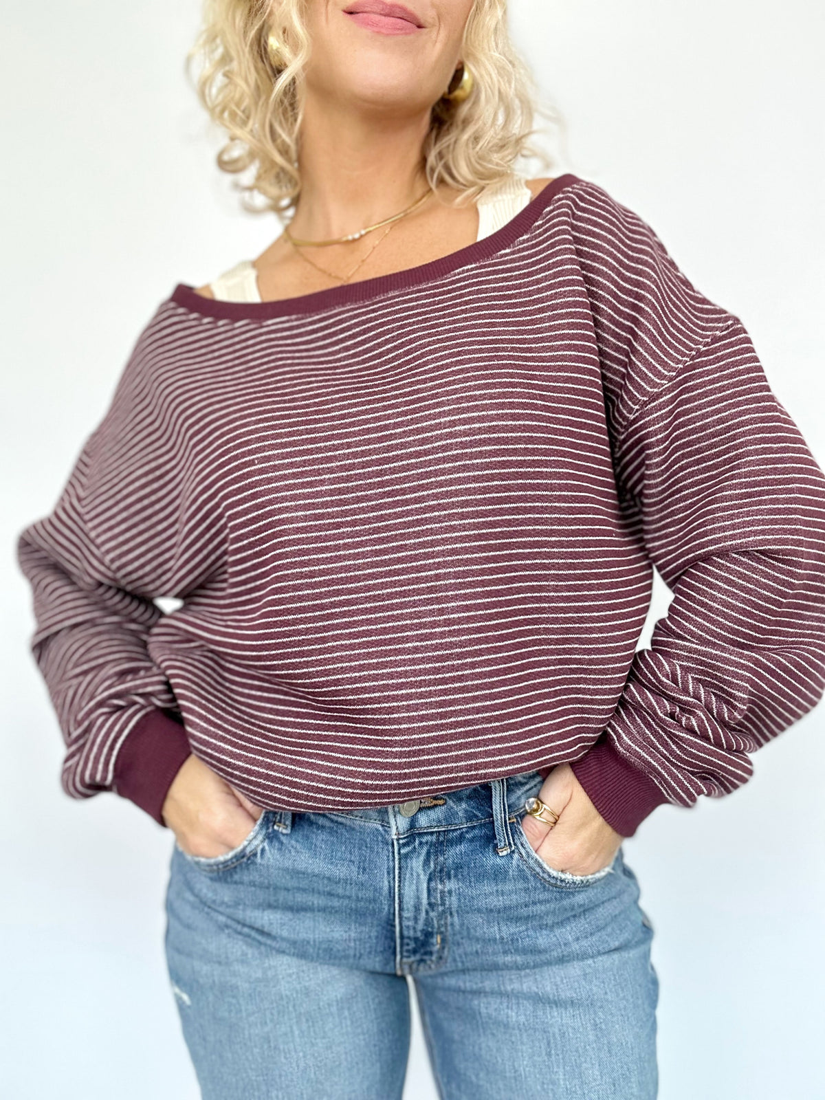 Jolene Striped Off The Shoulder Sweatshirt