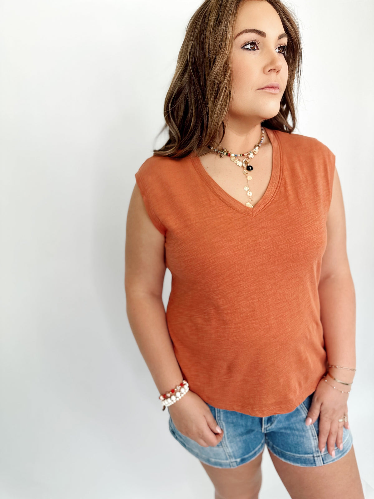 April Slub V-Neck Boxy Tank Top Rust