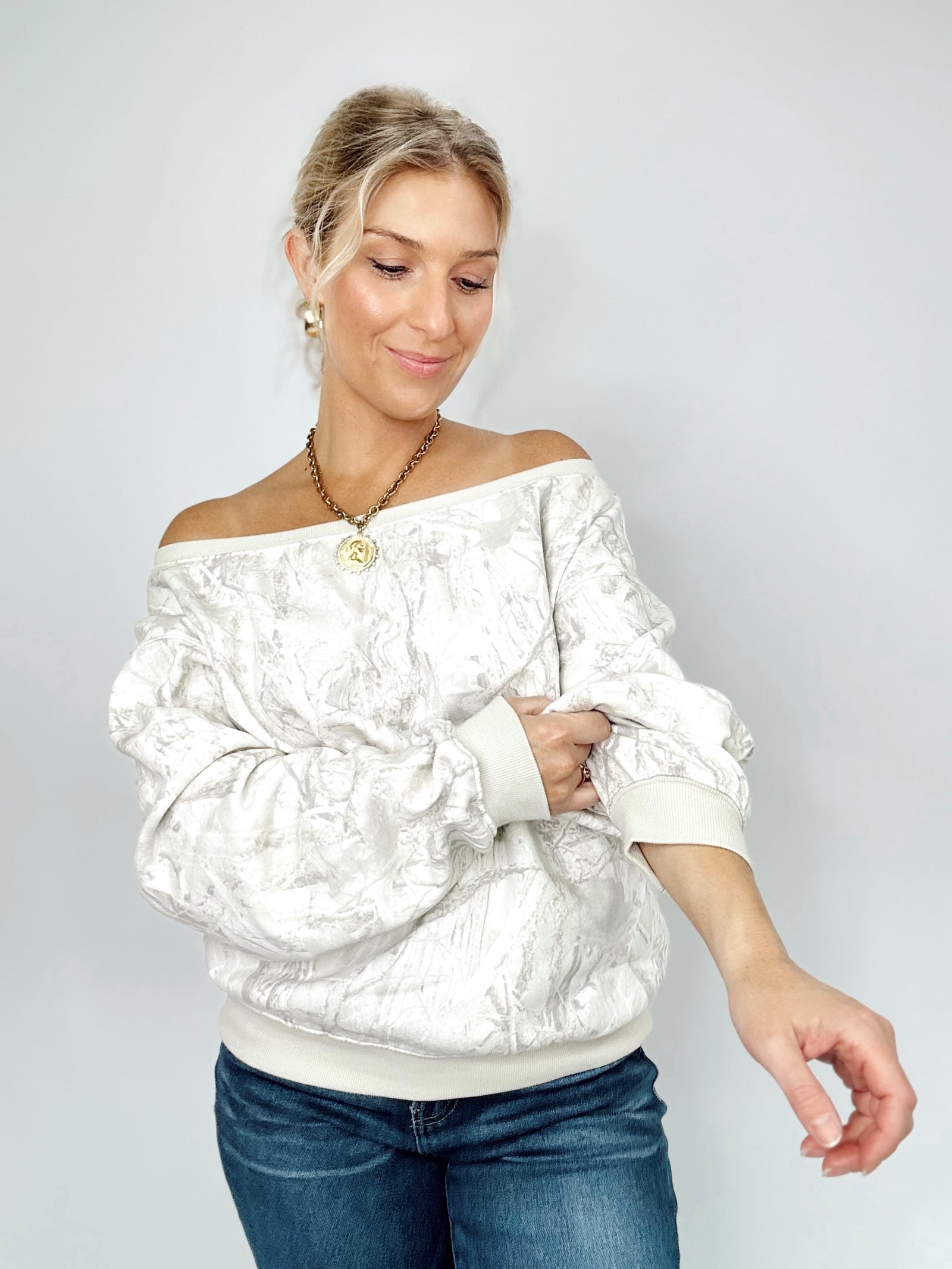 Talia Tree Camo Print Off The Shoulder Sweatshirt Gray