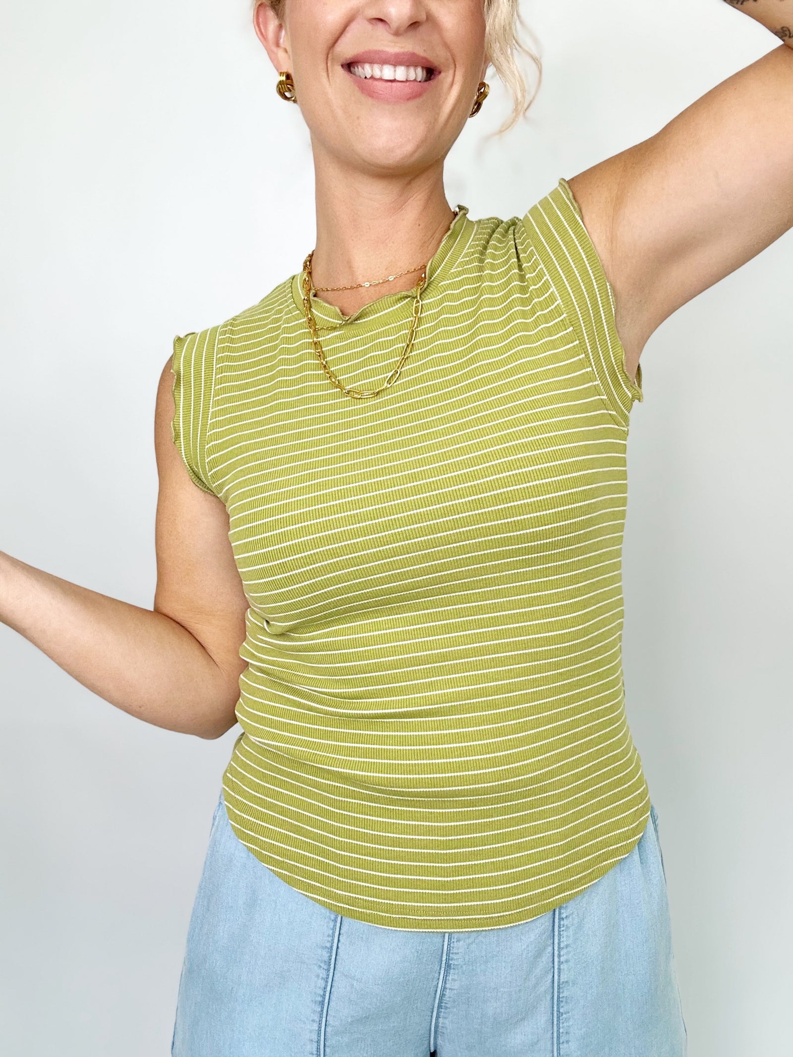 Jojo Stripe Ruffle Sleeve Top Avocado