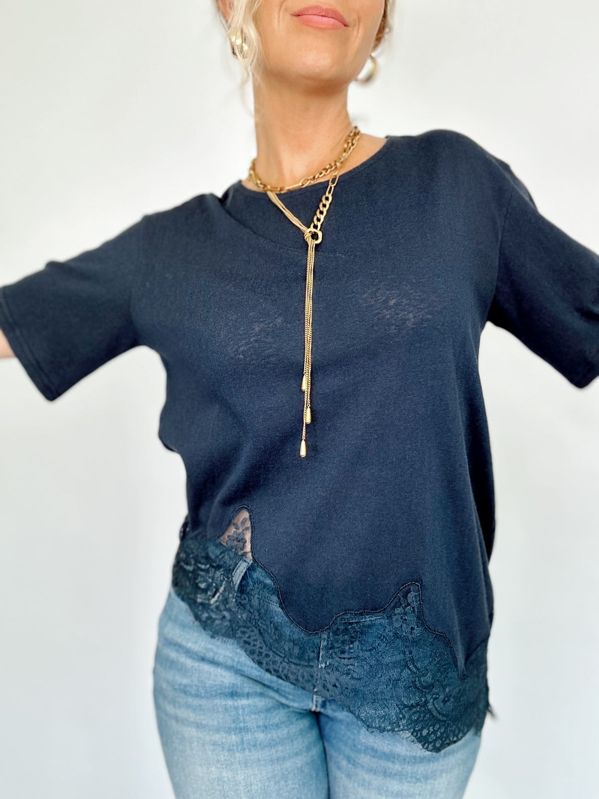 Kara Slub Knit Lace Hem Tee Navy