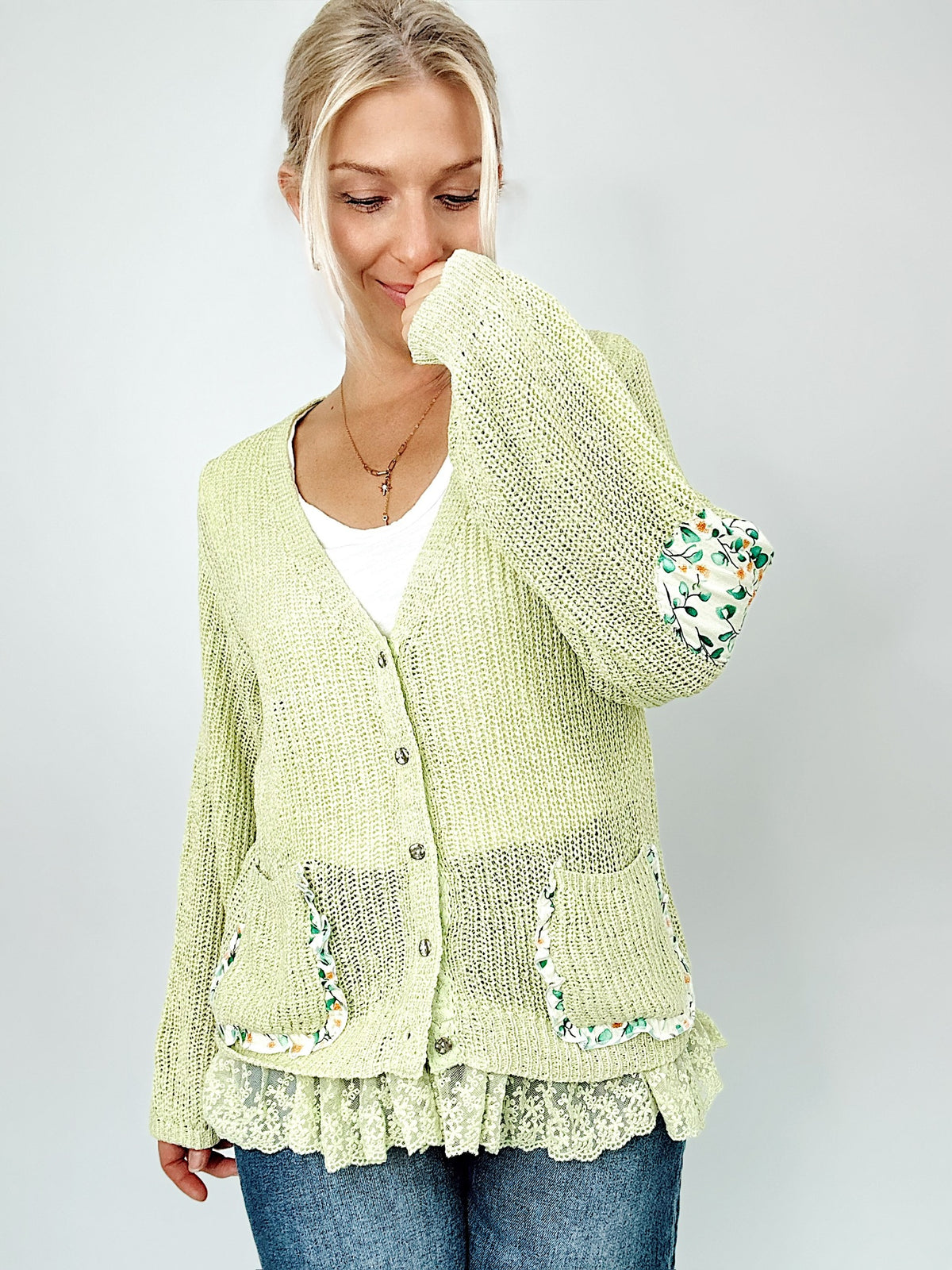 Donna Floral Ruffle Sweater Cardigan Light Green