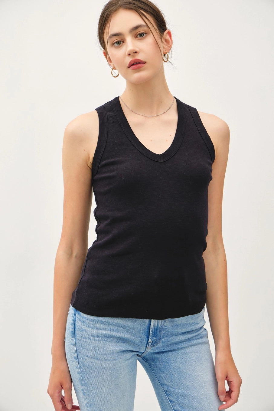 Rachel V-Neck Racerback Slub Cotton Tank Top Black