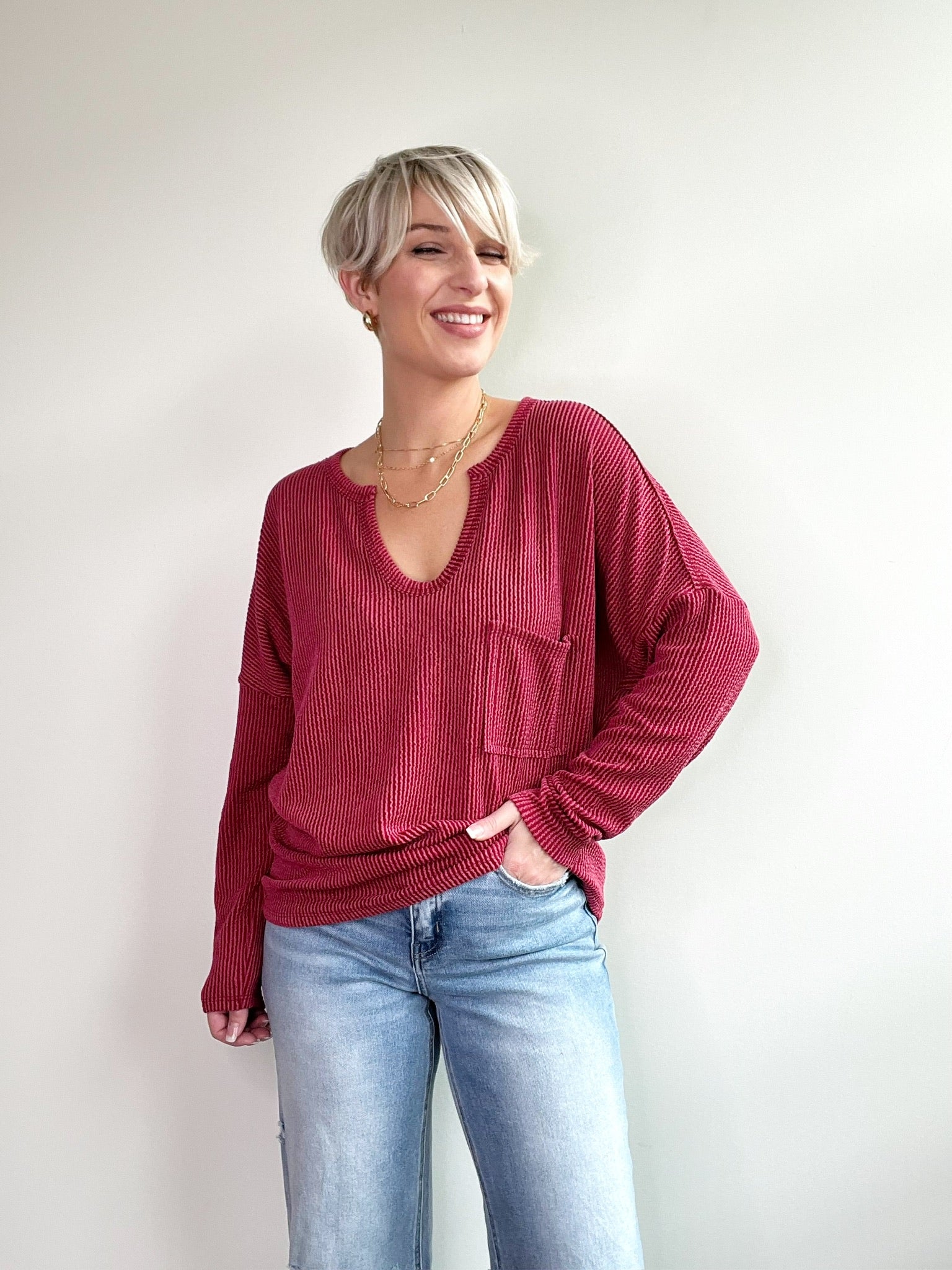 Jensen Textured Rib Top, Burgundy