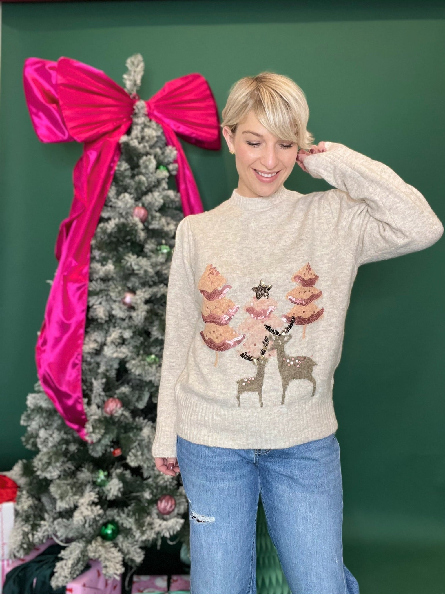 Tree & Deer Sequin Sweater Top