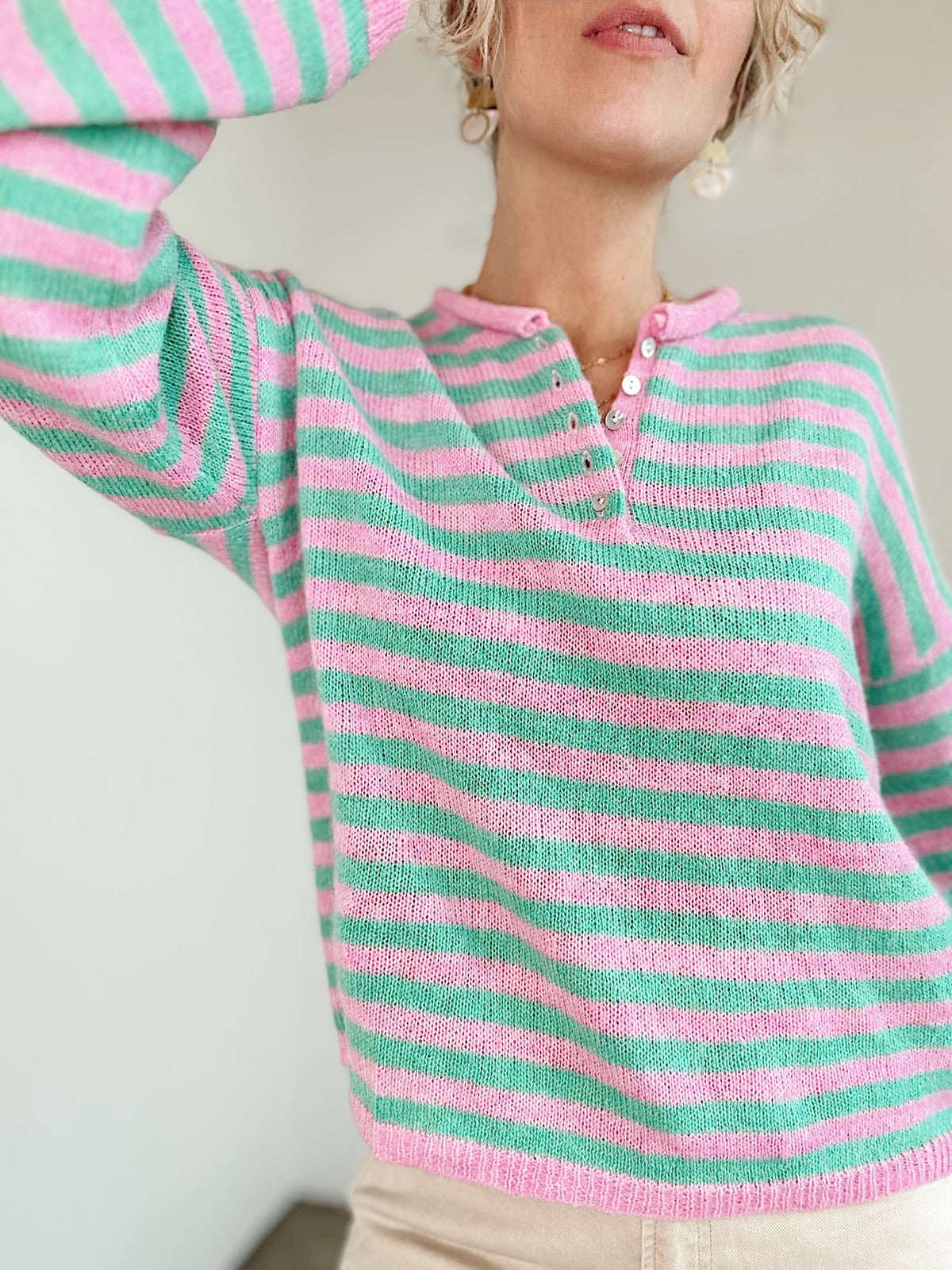 Rue Stripe Half Button Sweater Pink/Mint