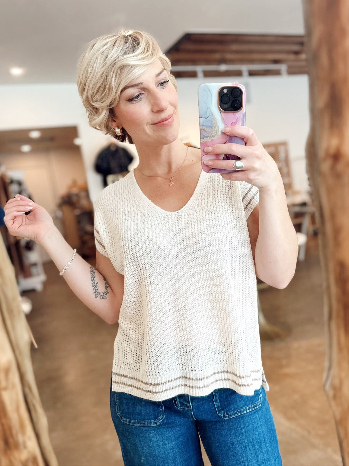 Megan V-Neck Sweater Vest W/Stripe Detail Natural
