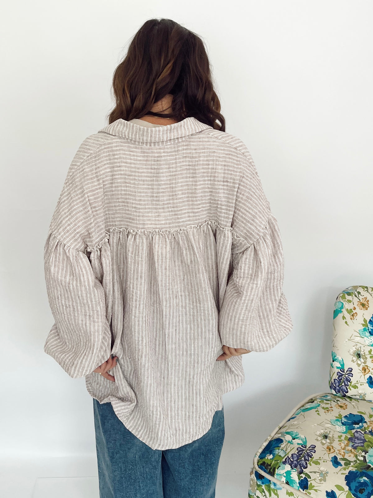 Macie Balloon Sleeve Stripe Shirt Taupe