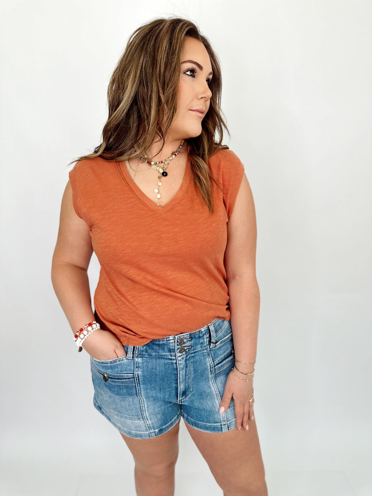 April Slub V-Neck Boxy Tank Top Rust