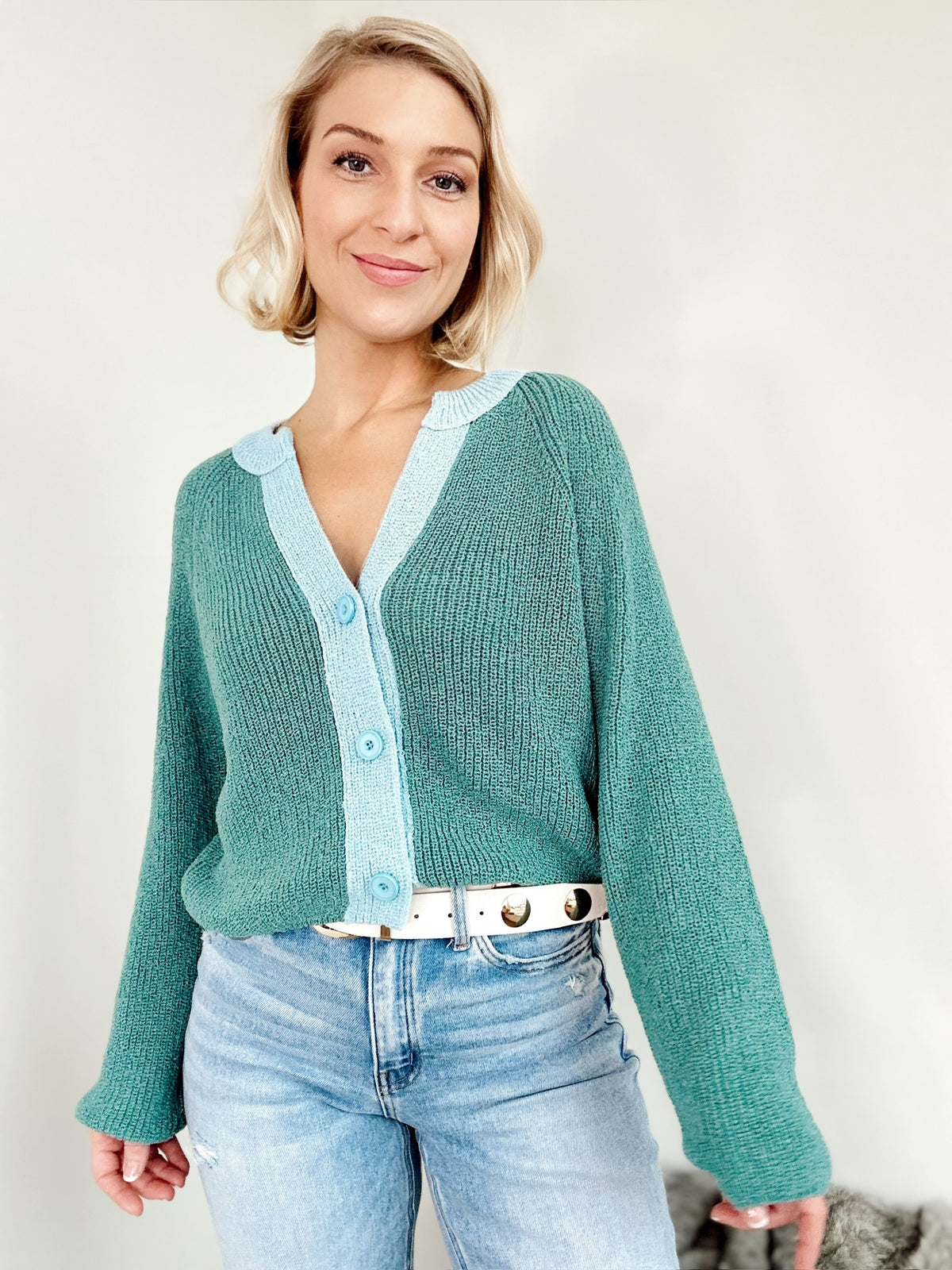 Lexie Contrast Cardigan Sweater Tropical Teal