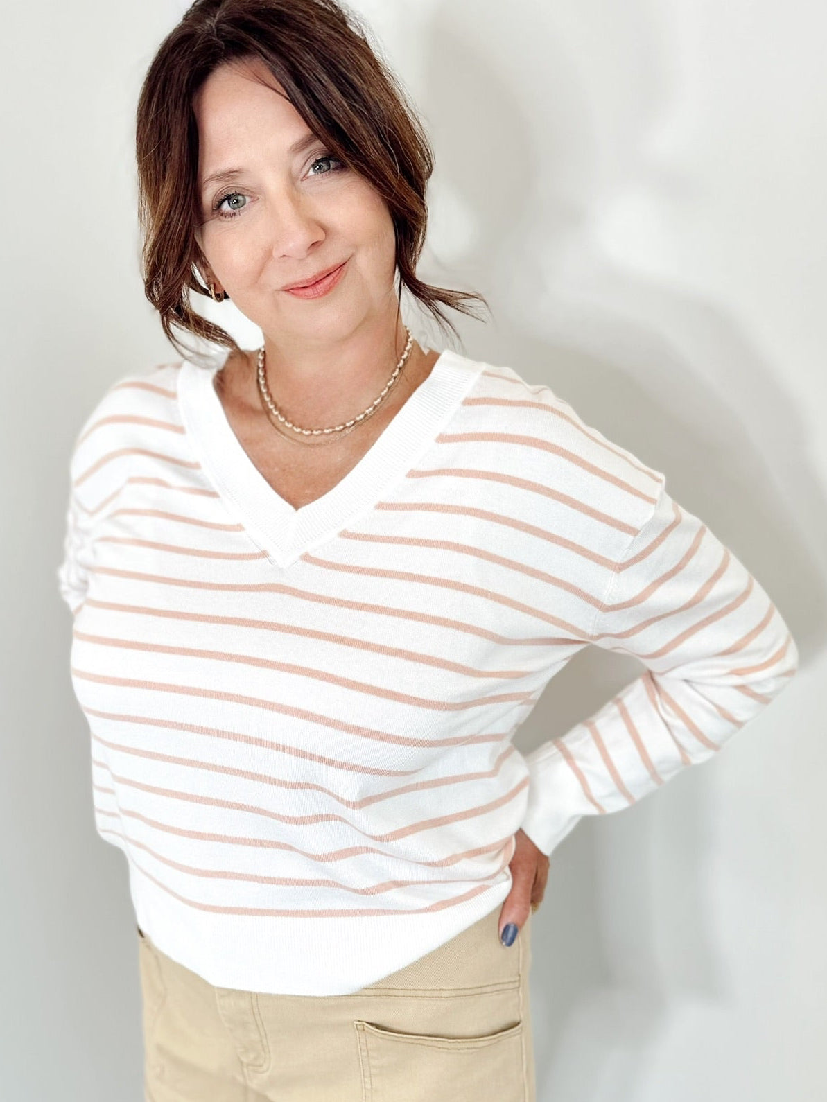 Lauren Striped V-Neck Sweater Peach