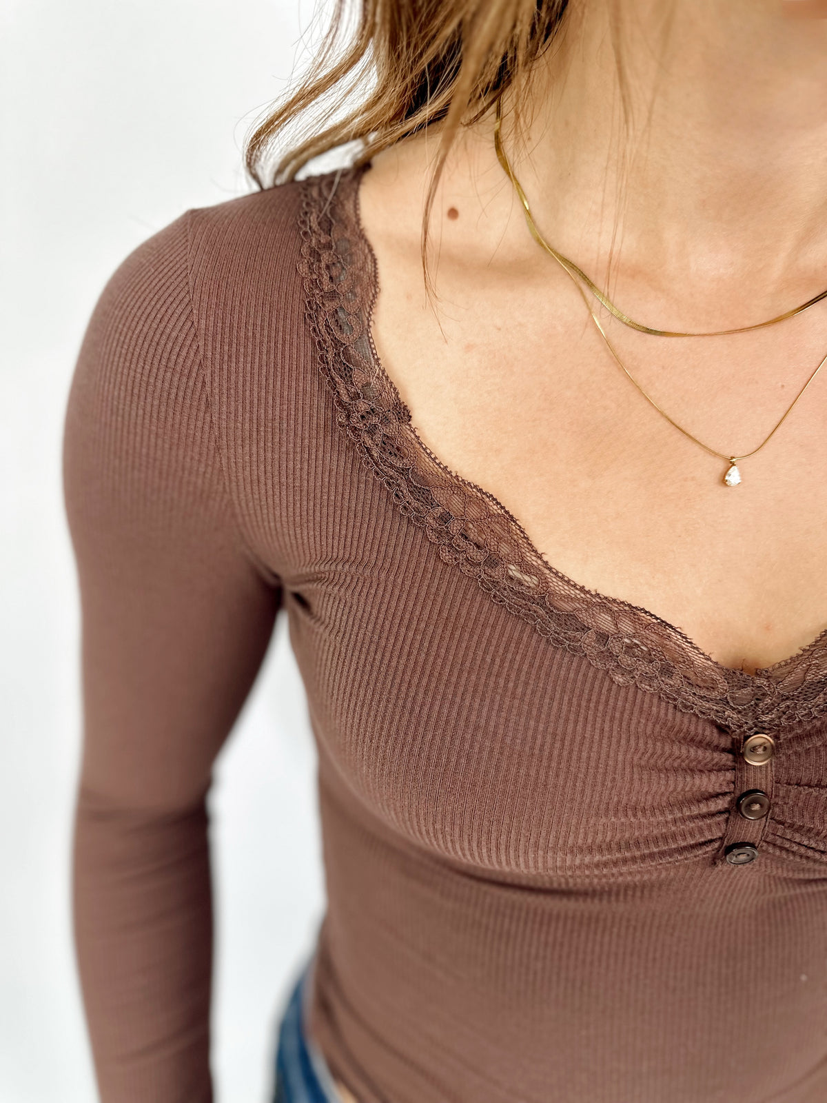 Parker Lace Trim Knit Top Dark Brown