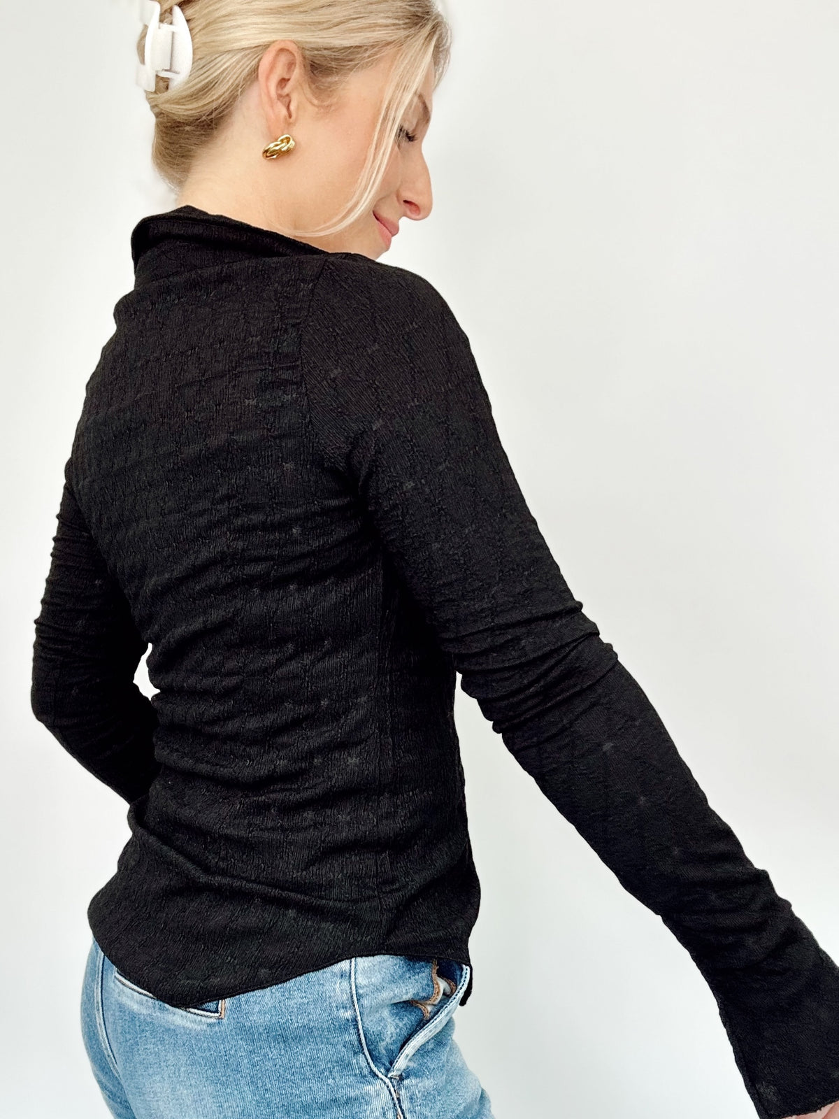 Paula Textured Button Up Collared Top Black