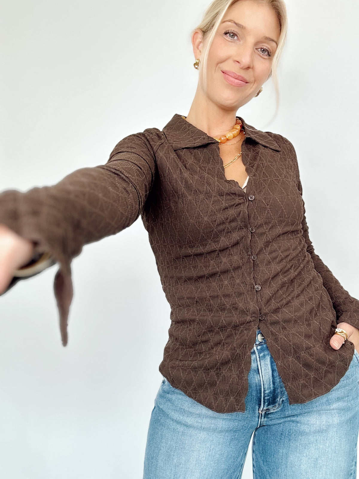 Paula Textured Button Up Collared Top Chestnut