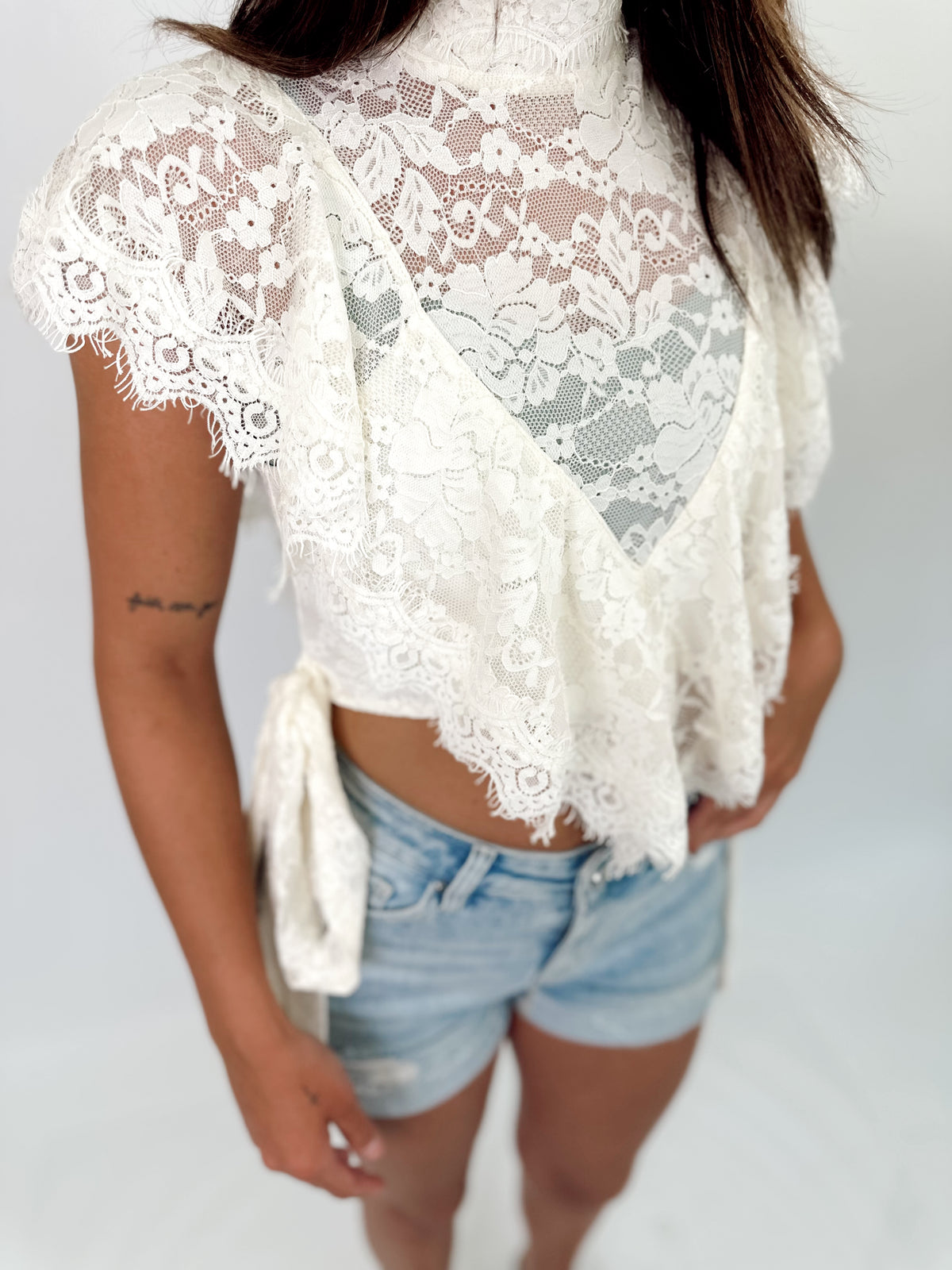 Erin Sheer Floral Lace Ruffle Cropped Blouse